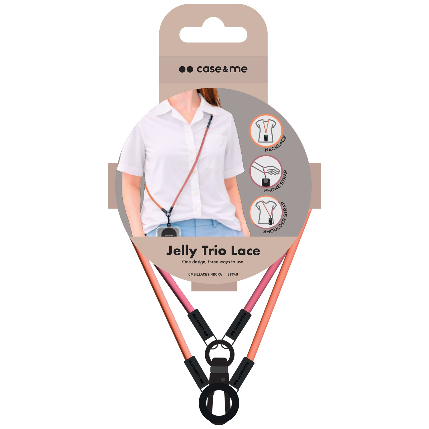 Emballage avec cordon pour téléphone rose et orange, portable en collier ou bandoulière.
