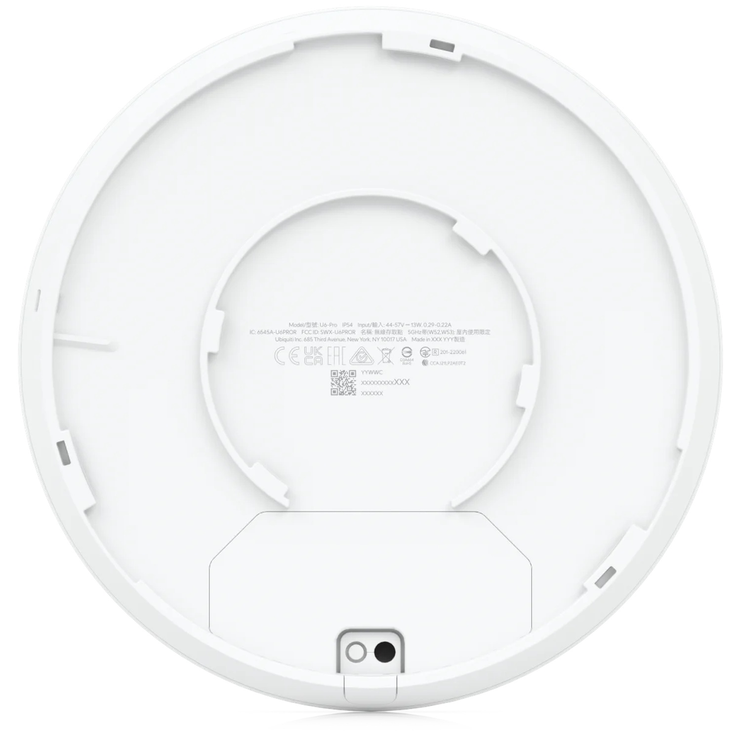 Underside of a white Ubiquiti U6-Pro Wi-Fi access point with model information.