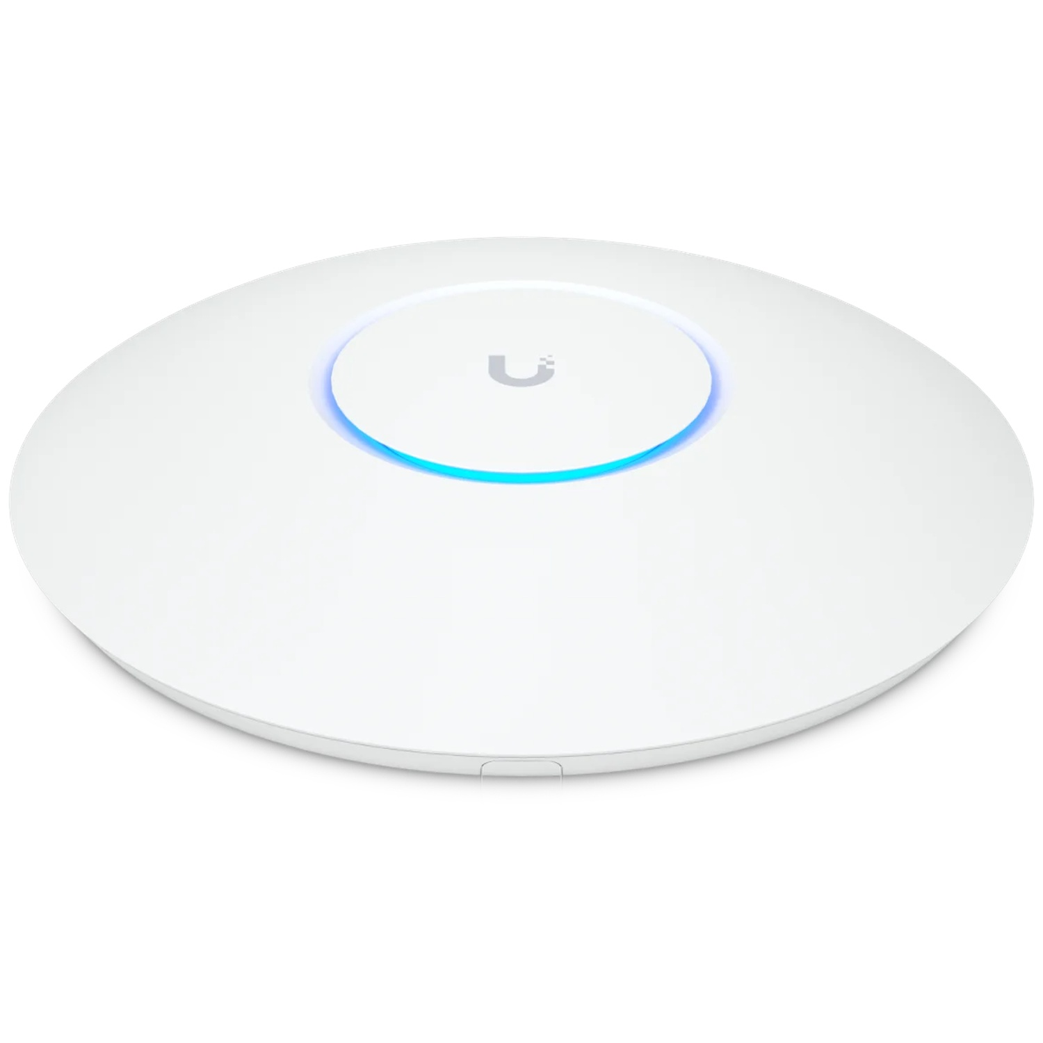 A white Wi-Fi access point with a blue light ring and logo on a white background.