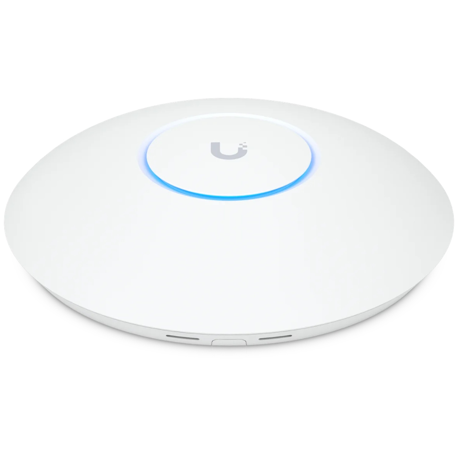 A white, circular Wi-Fi access point with a blue glowing ring and a logo.