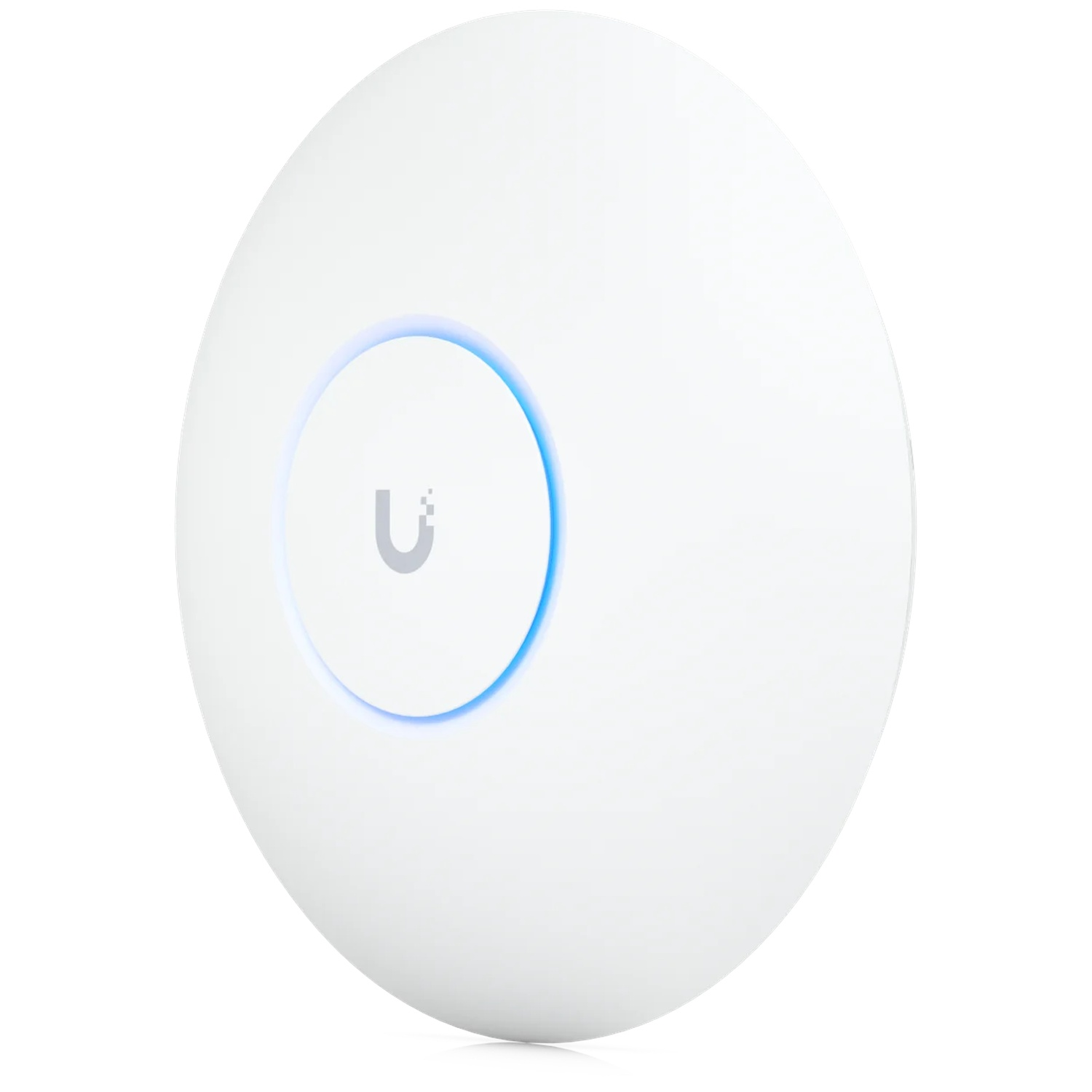 A white, round Wi-Fi access point with a blue light ring and U logo.