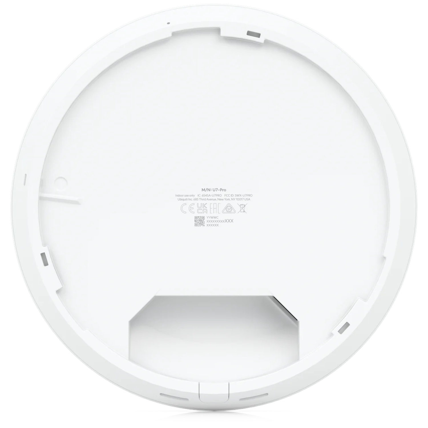 The back of a white Ubiquiti U7-Pro device with certification logos.