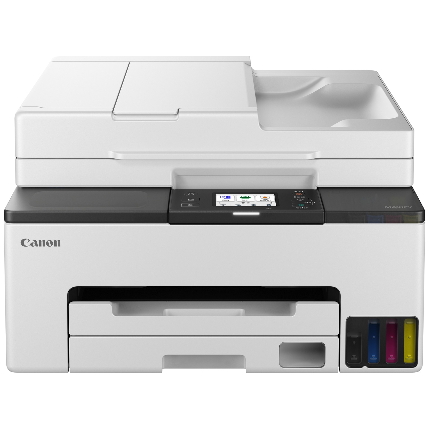 Een witte Canon MAXIFY printer met zwarte, blauwe, magenta en gele inkttanks.