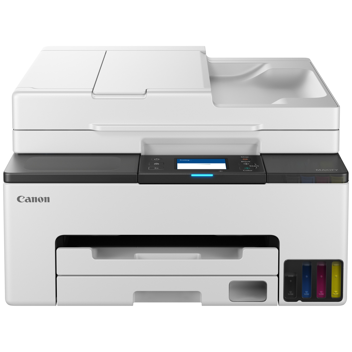 Witte Canon MAXIFY printer met zichtbare inkttanks en bedieningspaneel waarop 'Aan het printen...' staat