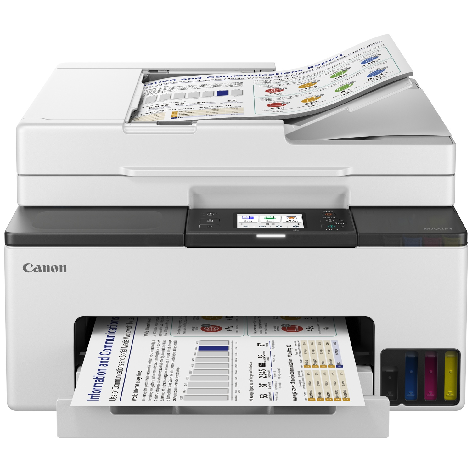 Een witte Canon MAXIFY printer print een grafiek met statistieken over internetgebruik en mobiele communicatie.