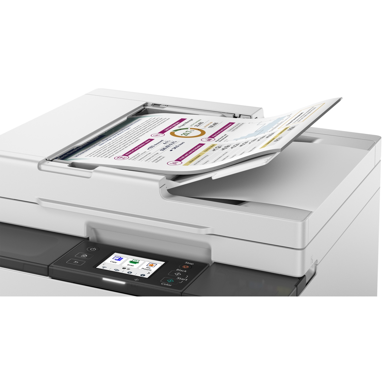 Een printer met een geopende documentenscanner die bedrukte bladen toont.