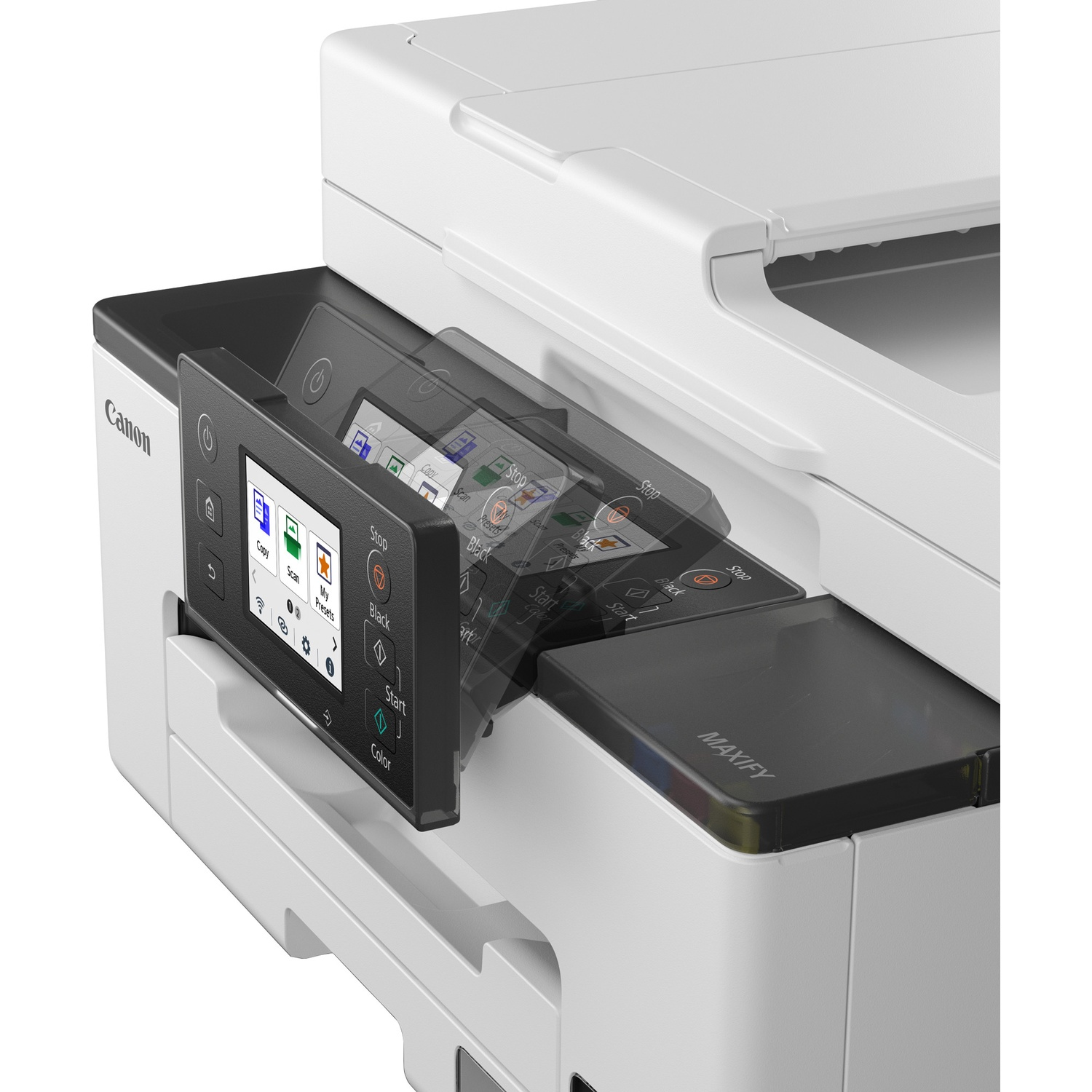 Een witte Canon MAXIFY printer met een kantelbaar touchscreen bedieningspaneel.