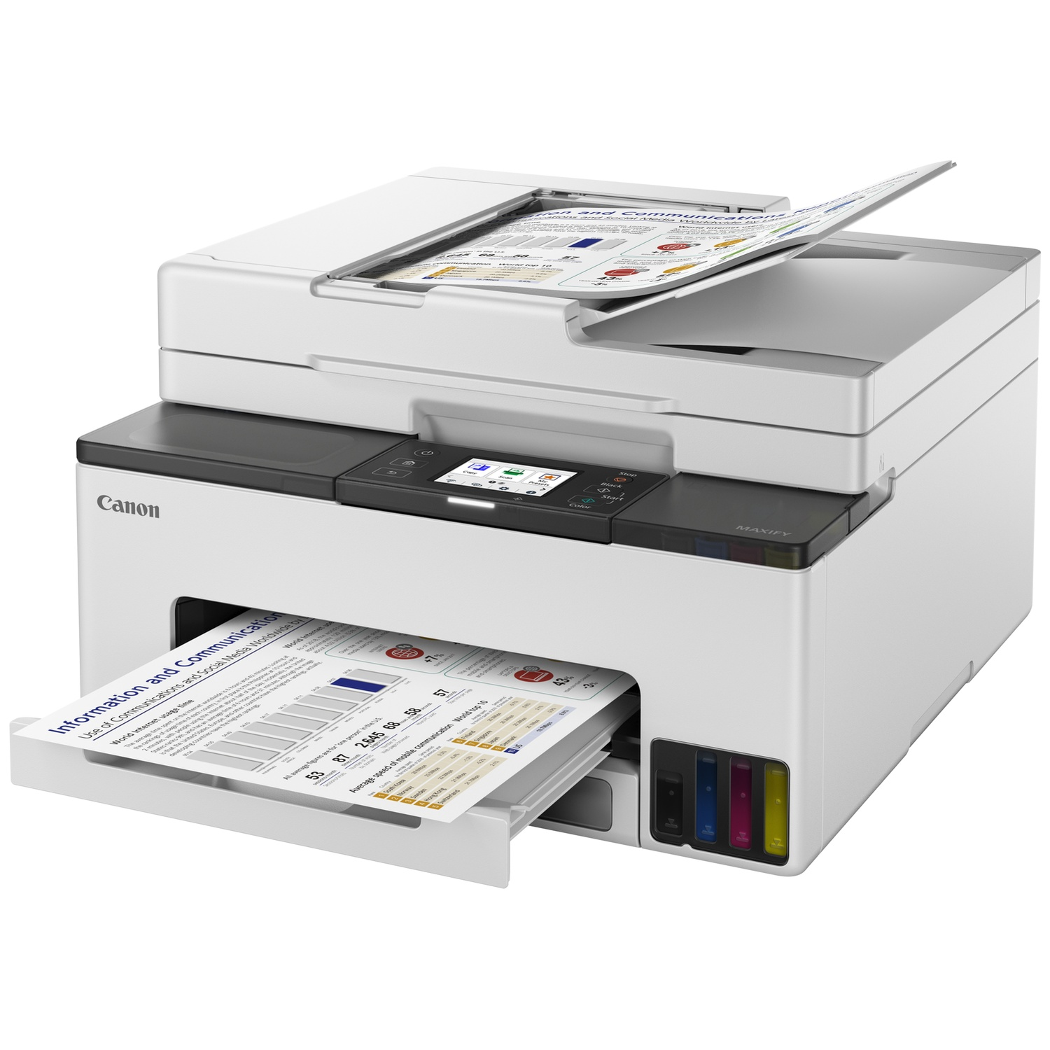 Een witte Canon MAXIFY printer drukt een document af. Inkttanks zijn zichtbaar.