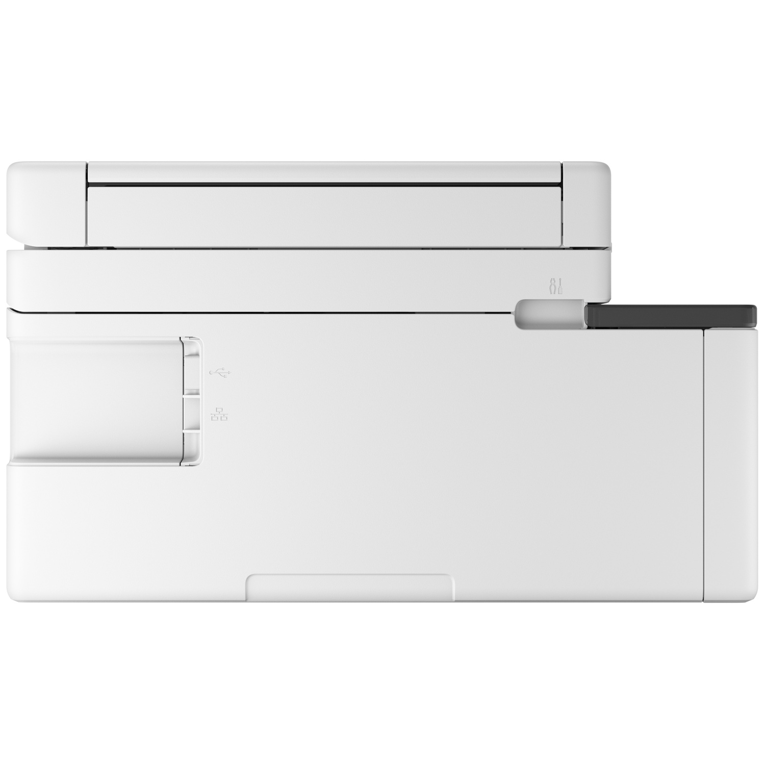 Een witte printer met USB-poort en een vak.