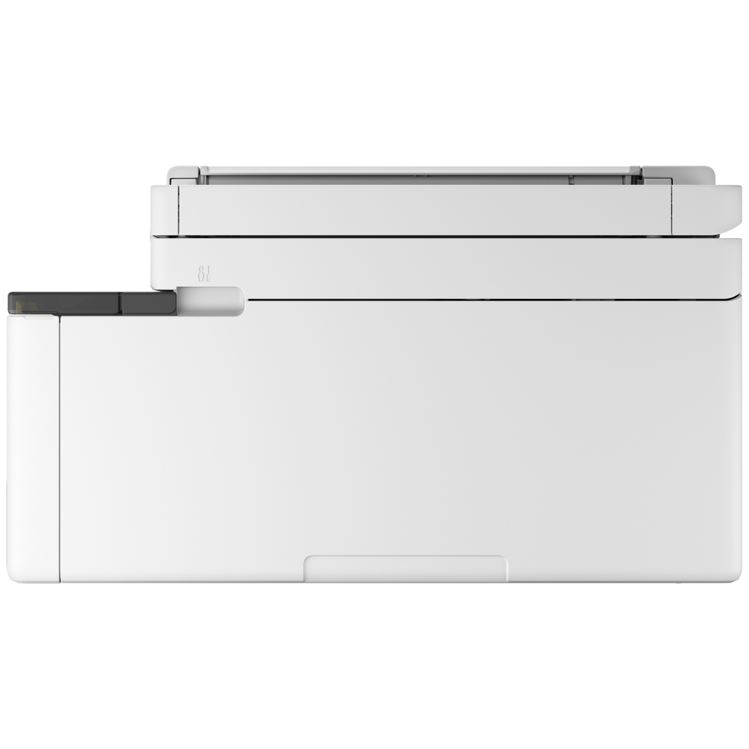 Een witte printer met een grijze lade en zwarte handgreep.