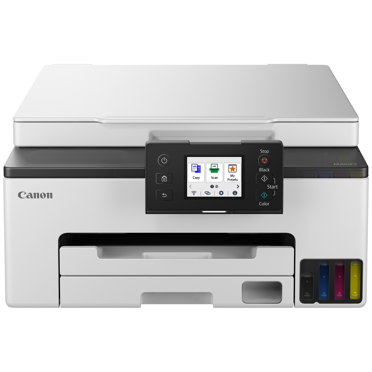 A white Canon MAXIFY printer with a color screen, ink tanks, and paper output tray.