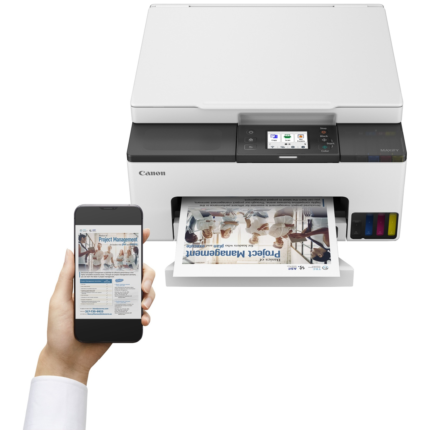A smartphone displays a printout of a project management seminar, next to a printer.