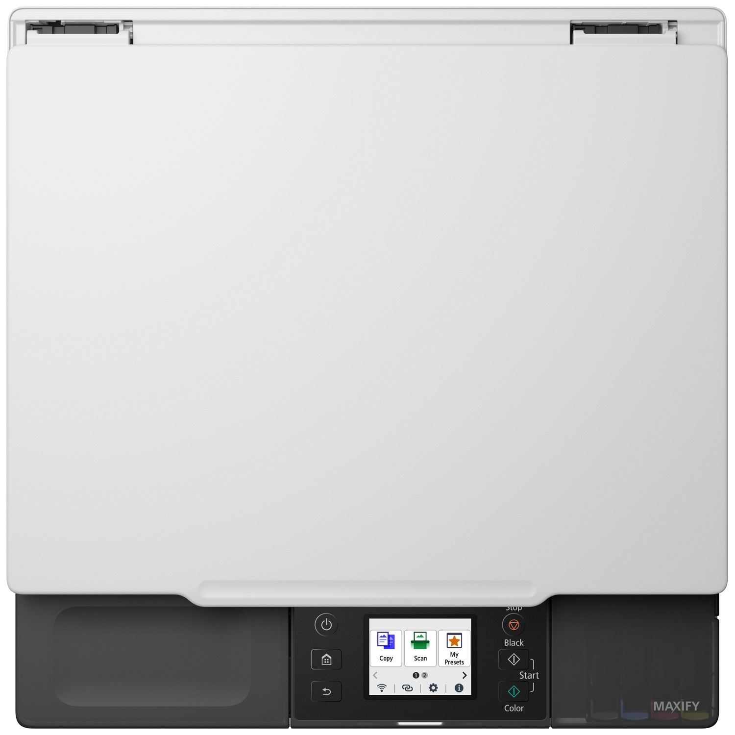 Top view of a white and black MAXIFY printer with a touch screen control panel.