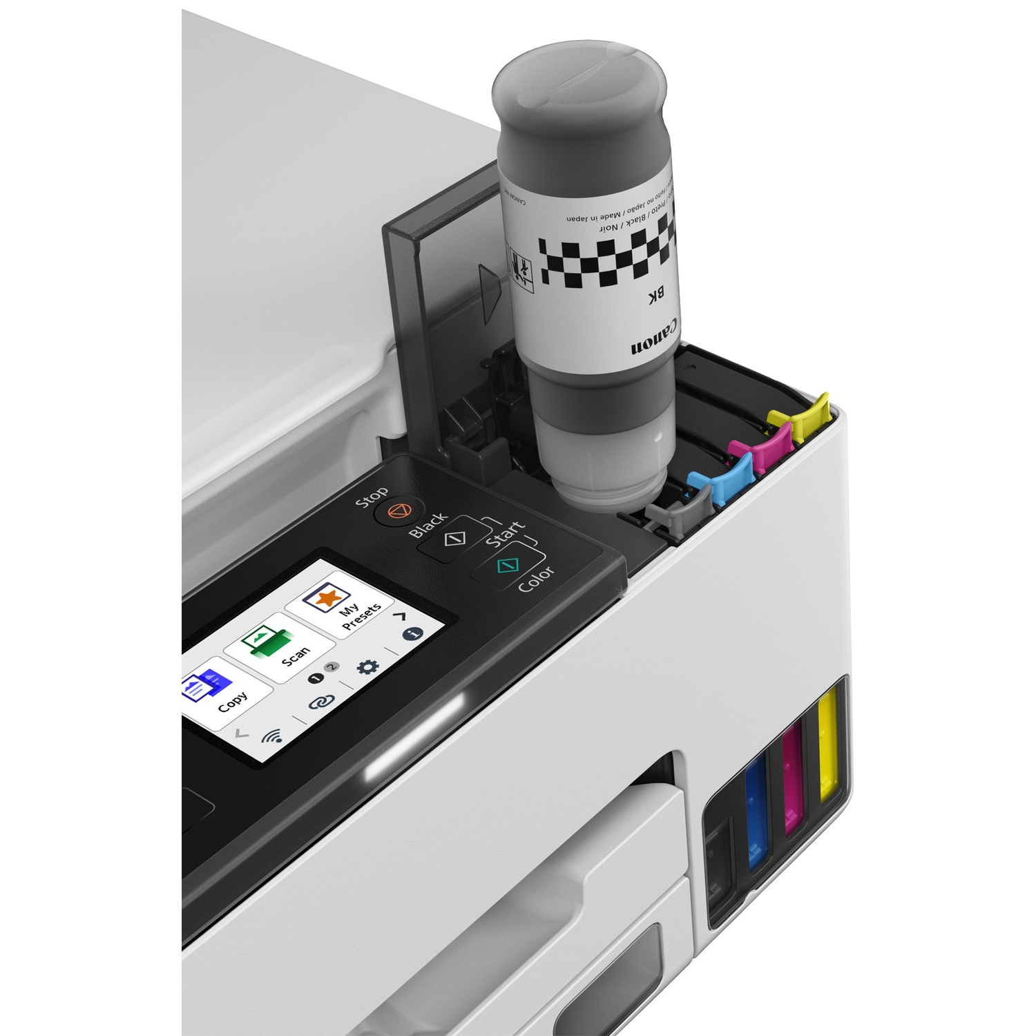 A black ink bottle is being inserted into a white printer.