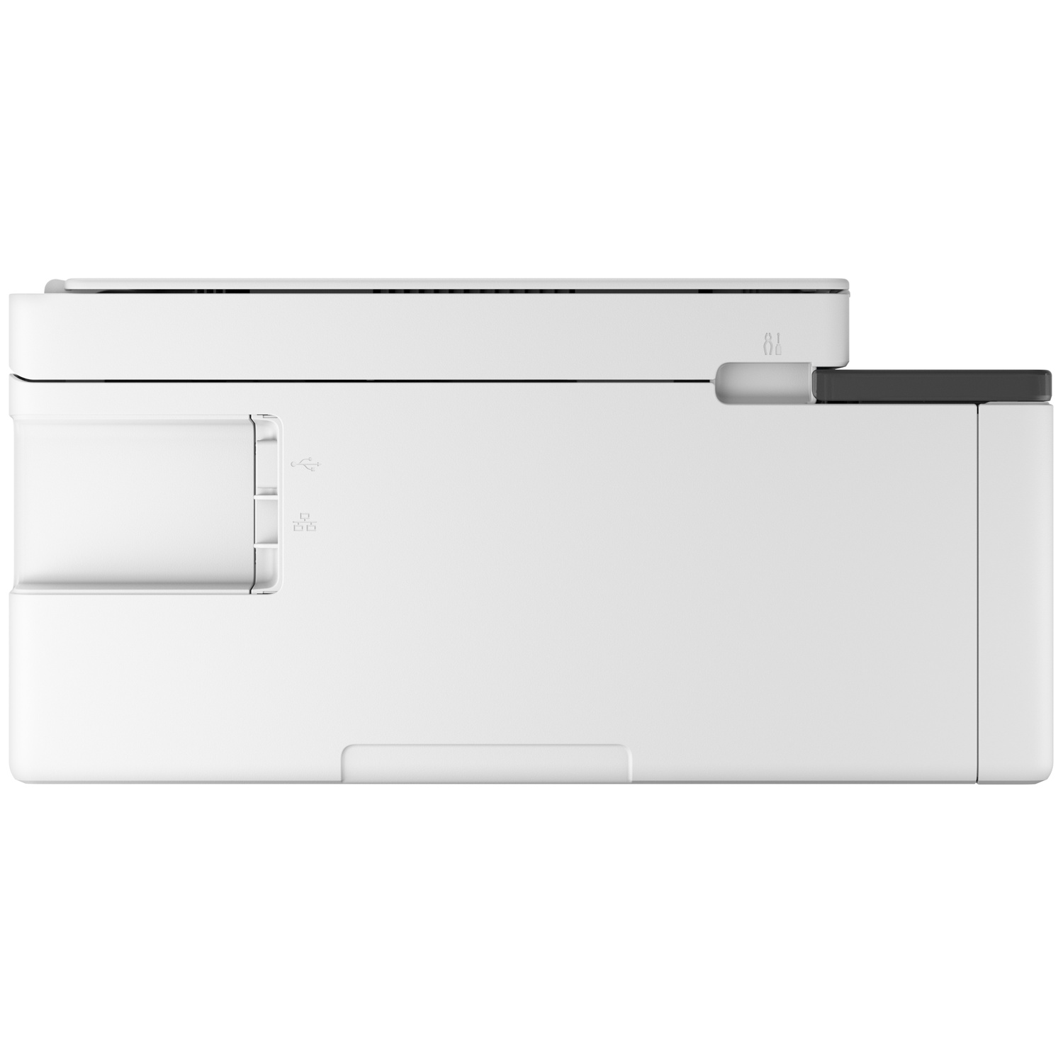 White multifunction printer top with USB port and a dark section.