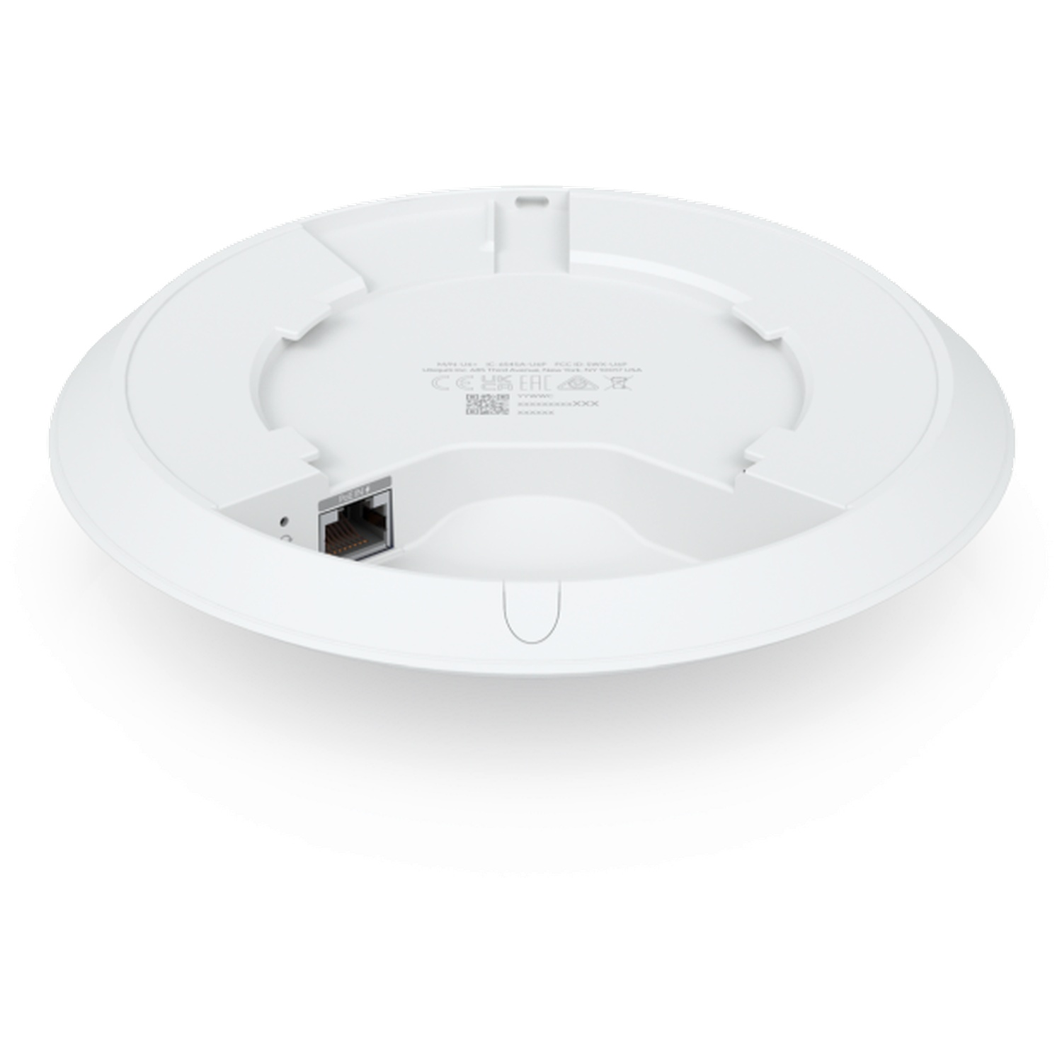 White round Wi-Fi access point, bottom view, with Ethernet port and FCC/CE labels.