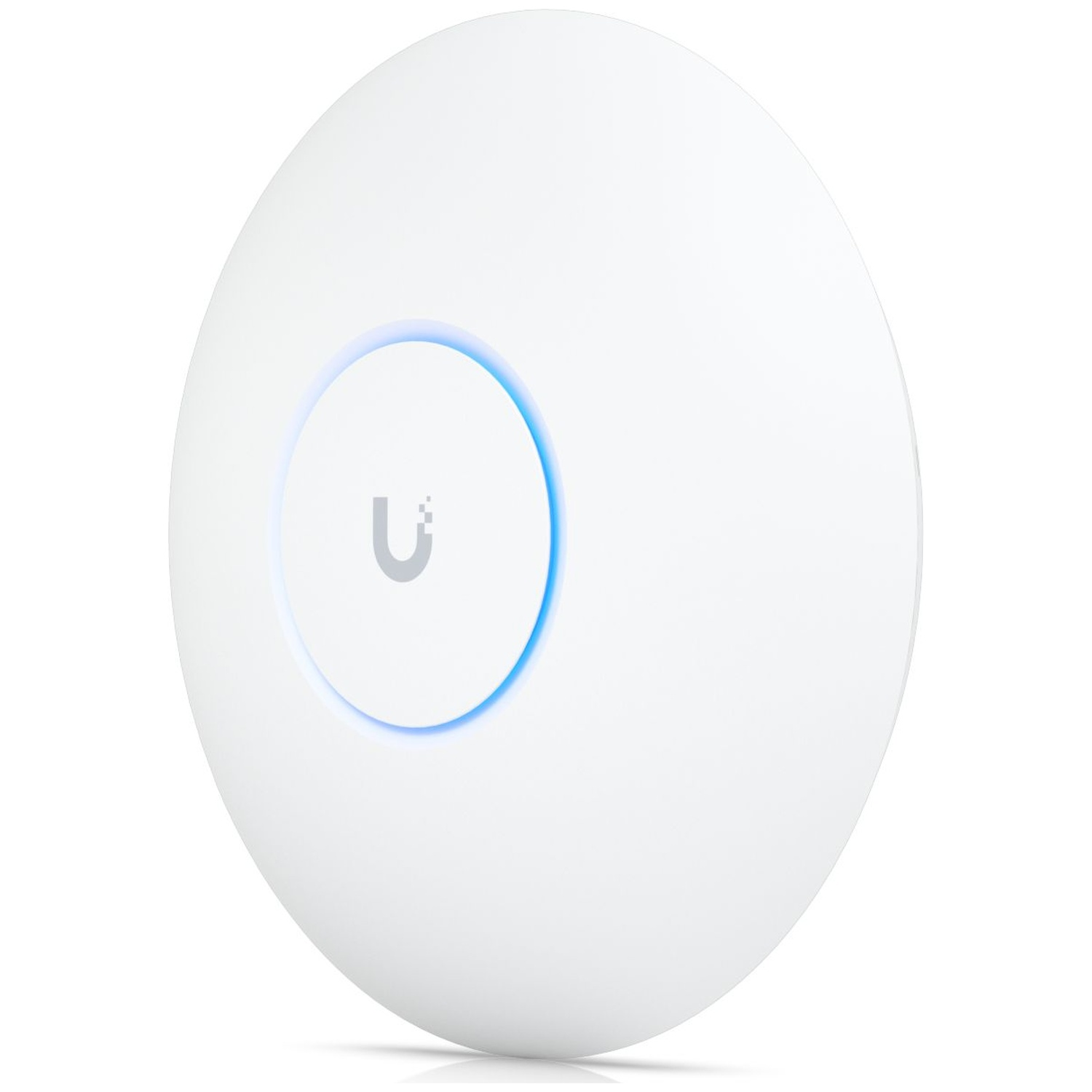 A white round Wi-Fi access point with a blue glowing ring around a gray U logo.