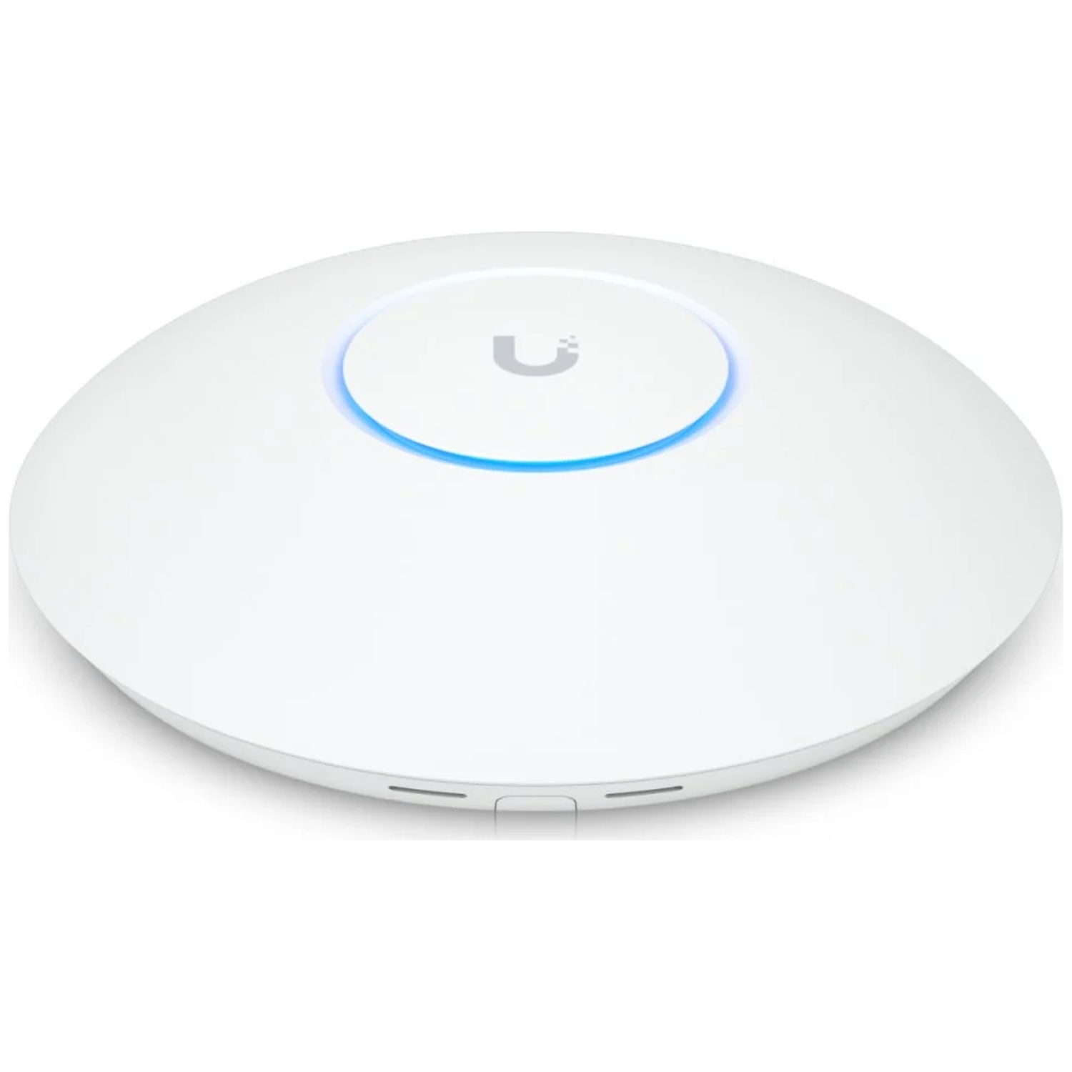A white wireless access point with a blue light ring and logo.