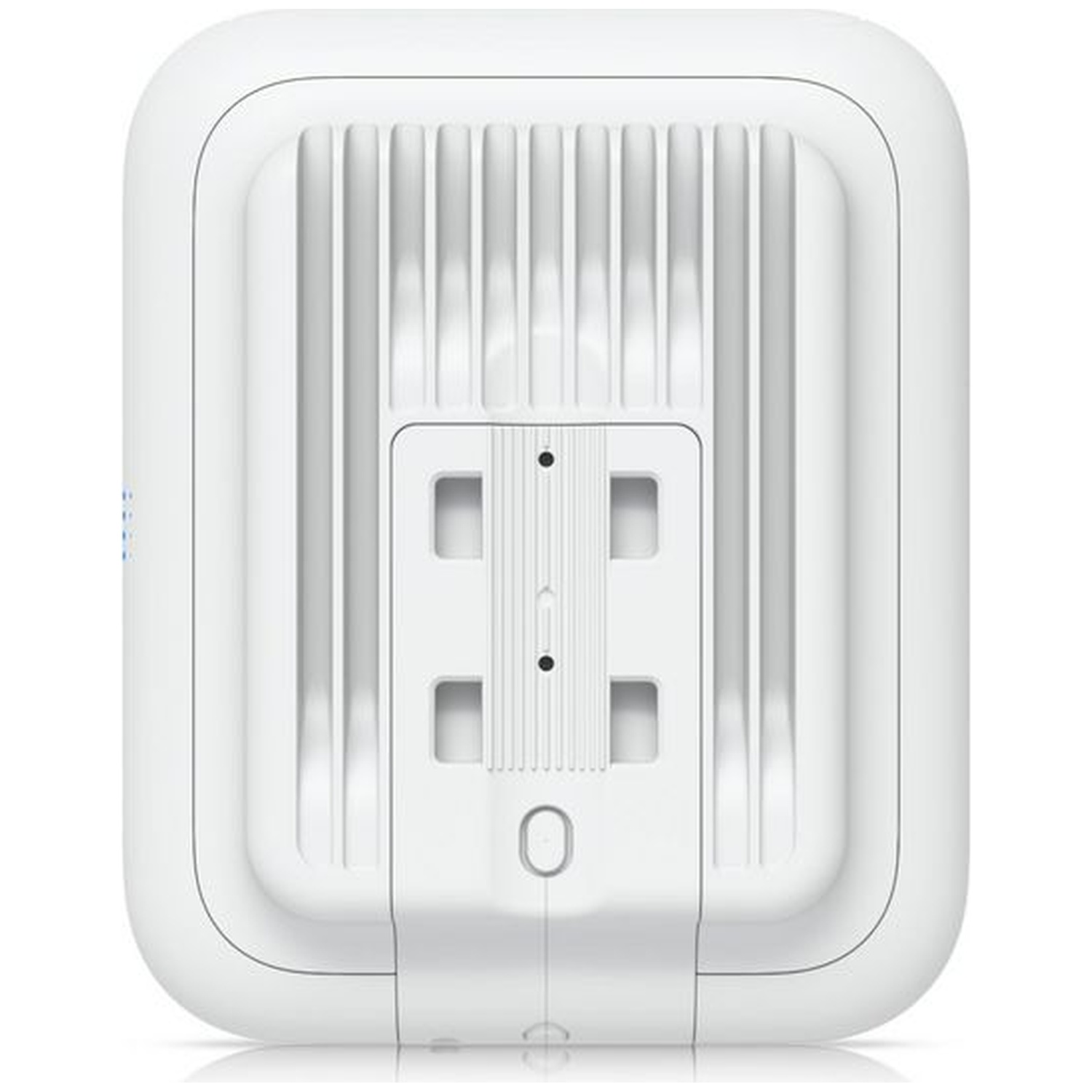 Rear view of a white, rectangular device with ventilation slots and mounting bracket.