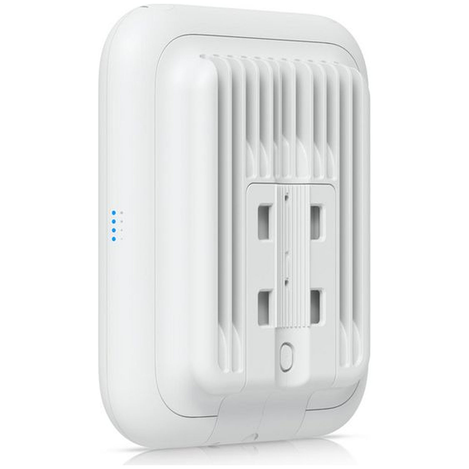 A white, rectangular device with heatsinks on the back and blue LEDs.