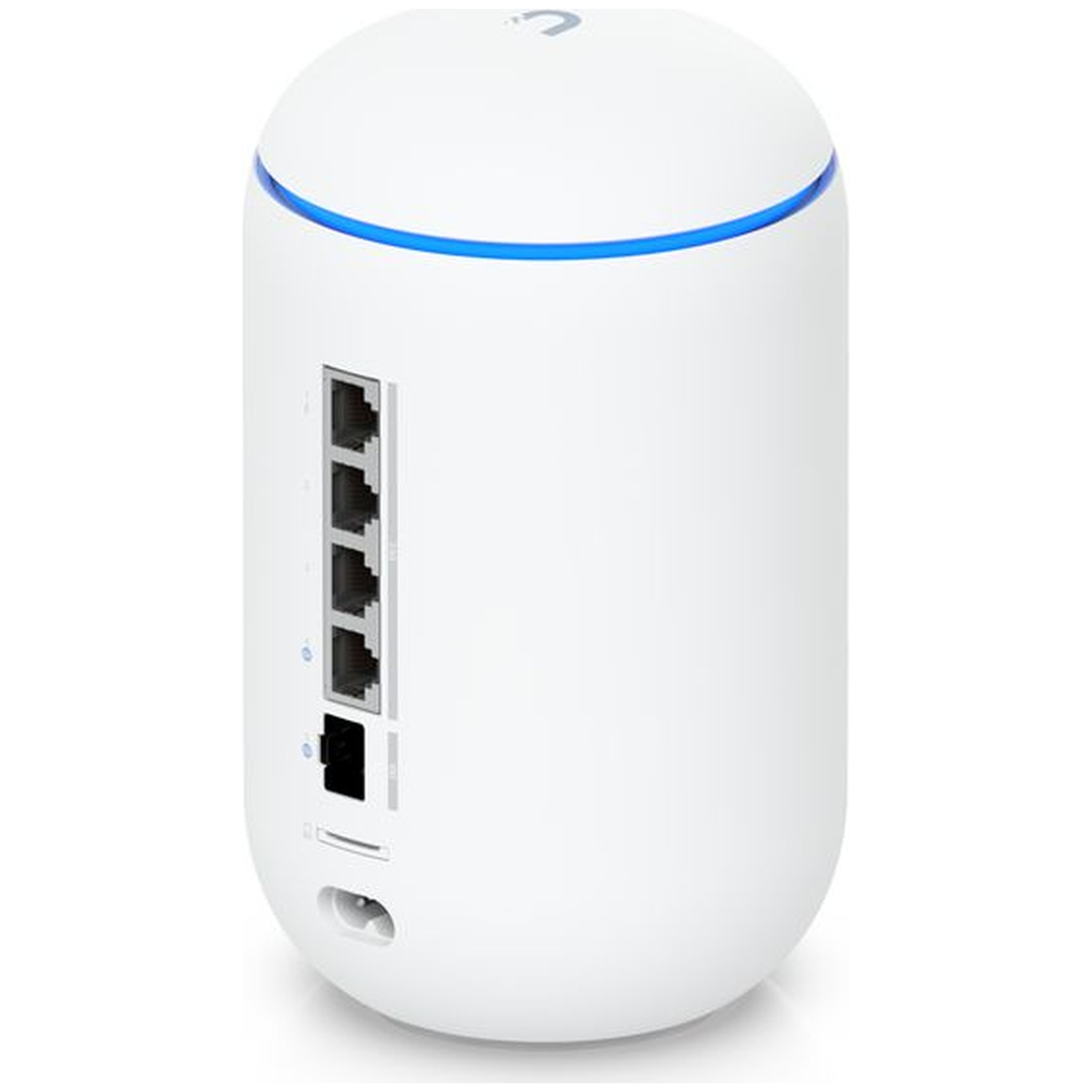 Een witte router met blauwe accenten en Ethernetpoorten.