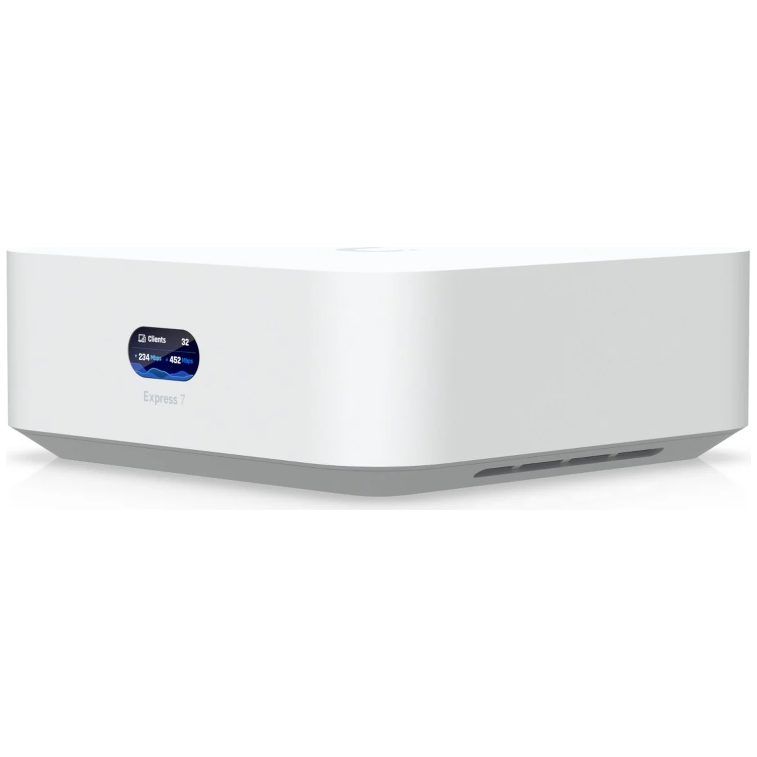 Witte router met klein scherm waarop 'Clients 32' en snelheden worden weergegeven.