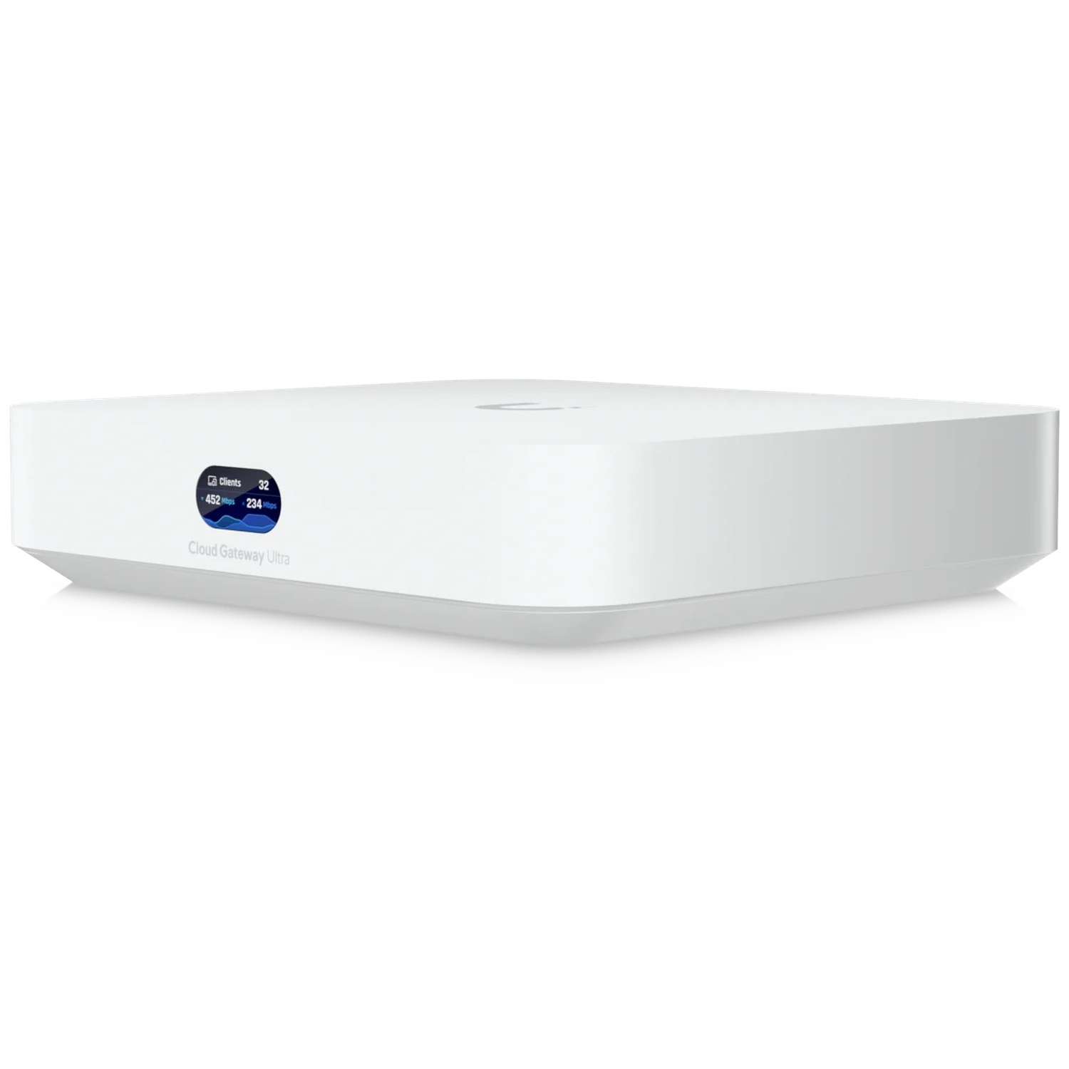 Un appareil blanc Cloud Gateway Ultra avec un petit écran affichant les clients et les données.