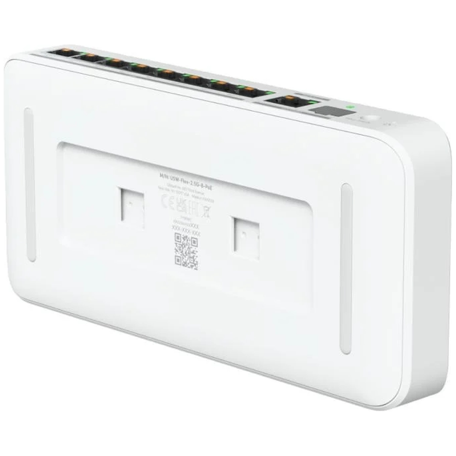 Switch réseau blanc avec huit ports, affichant des voyants verts et oranges dessus.