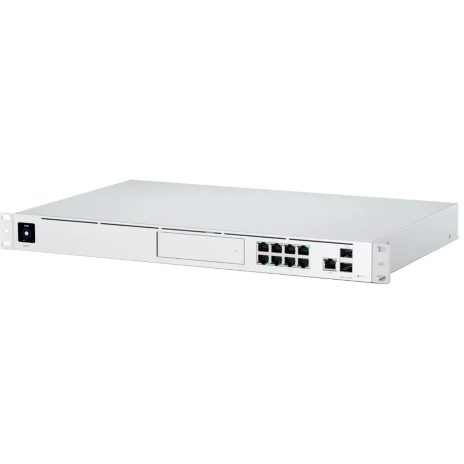 Een slank, wit, rack-monteerbaar netwerkapparaat met meerdere Ethernet-poorten.