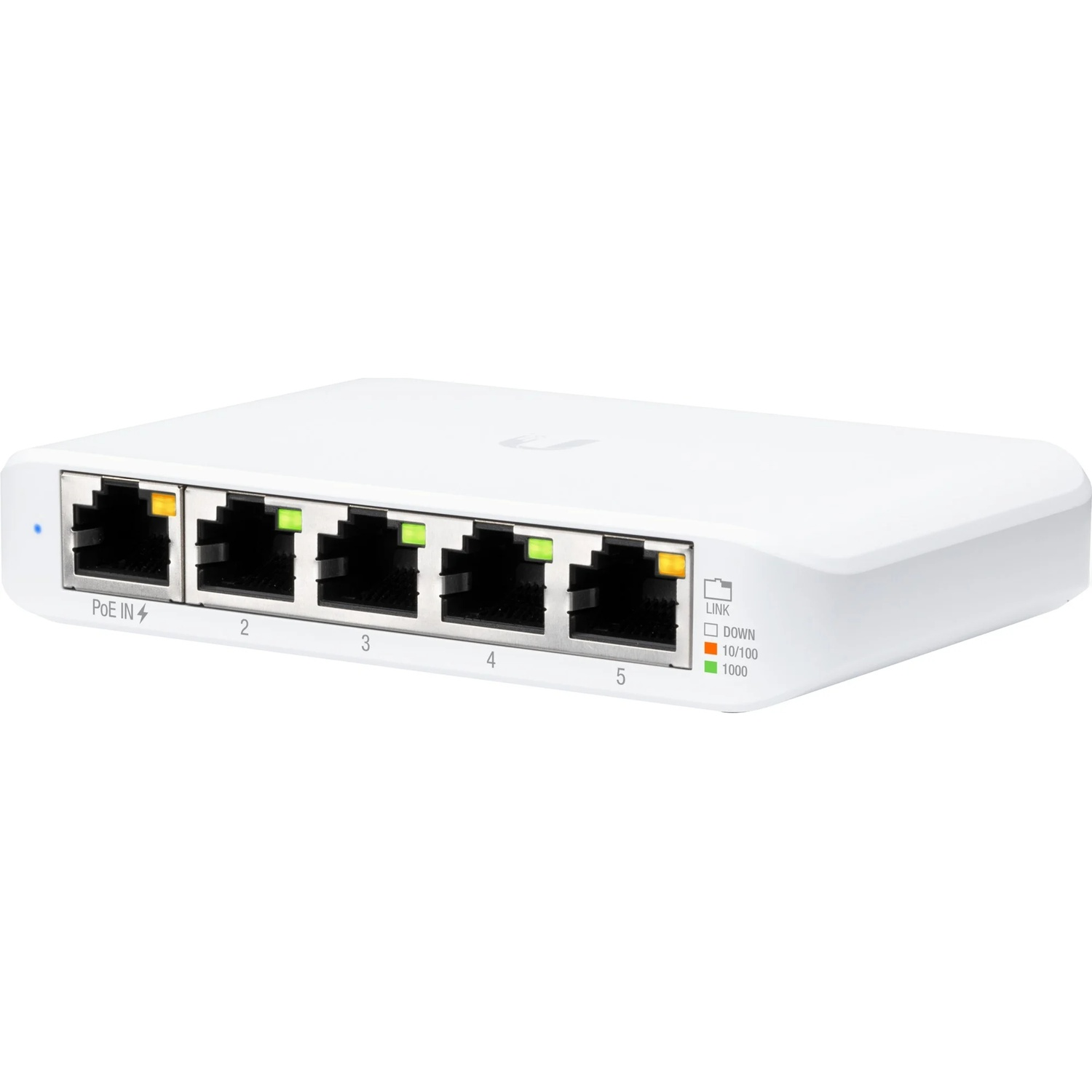Un switch Ubiquiti UniFi blanc 5 ports avec ports Ethernet étiquetés 1-5 et PoE IN.