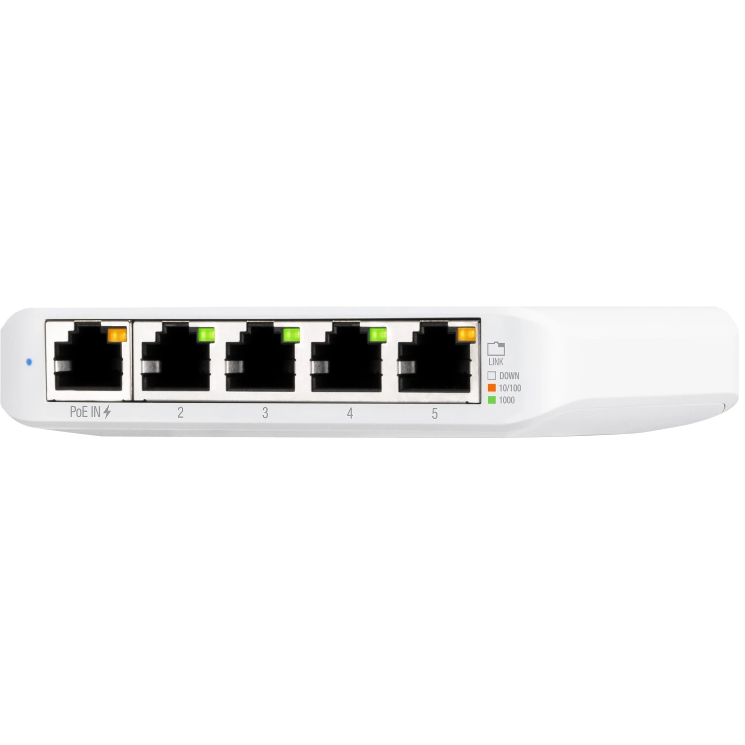 Un switch réseau blanc avec 5 ports, certains avec des lumières vertes et oranges.