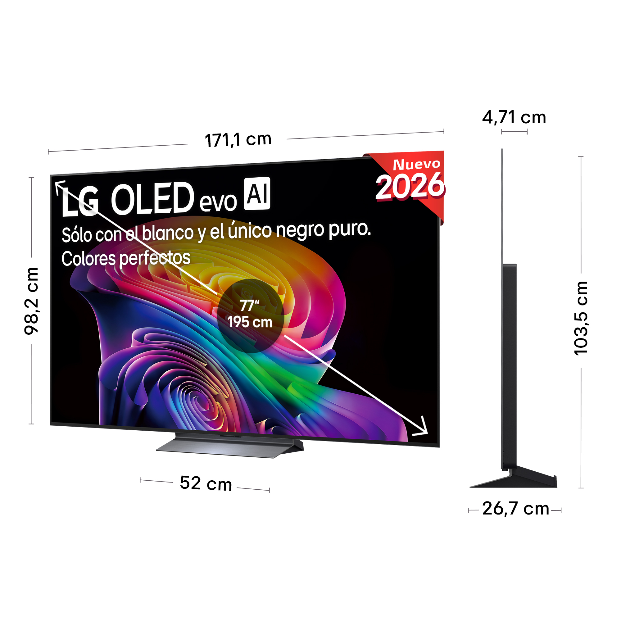 TV LG OLED evo AI, 171,1cm ancho, 98,2cm alto, 103,5cm fondo.