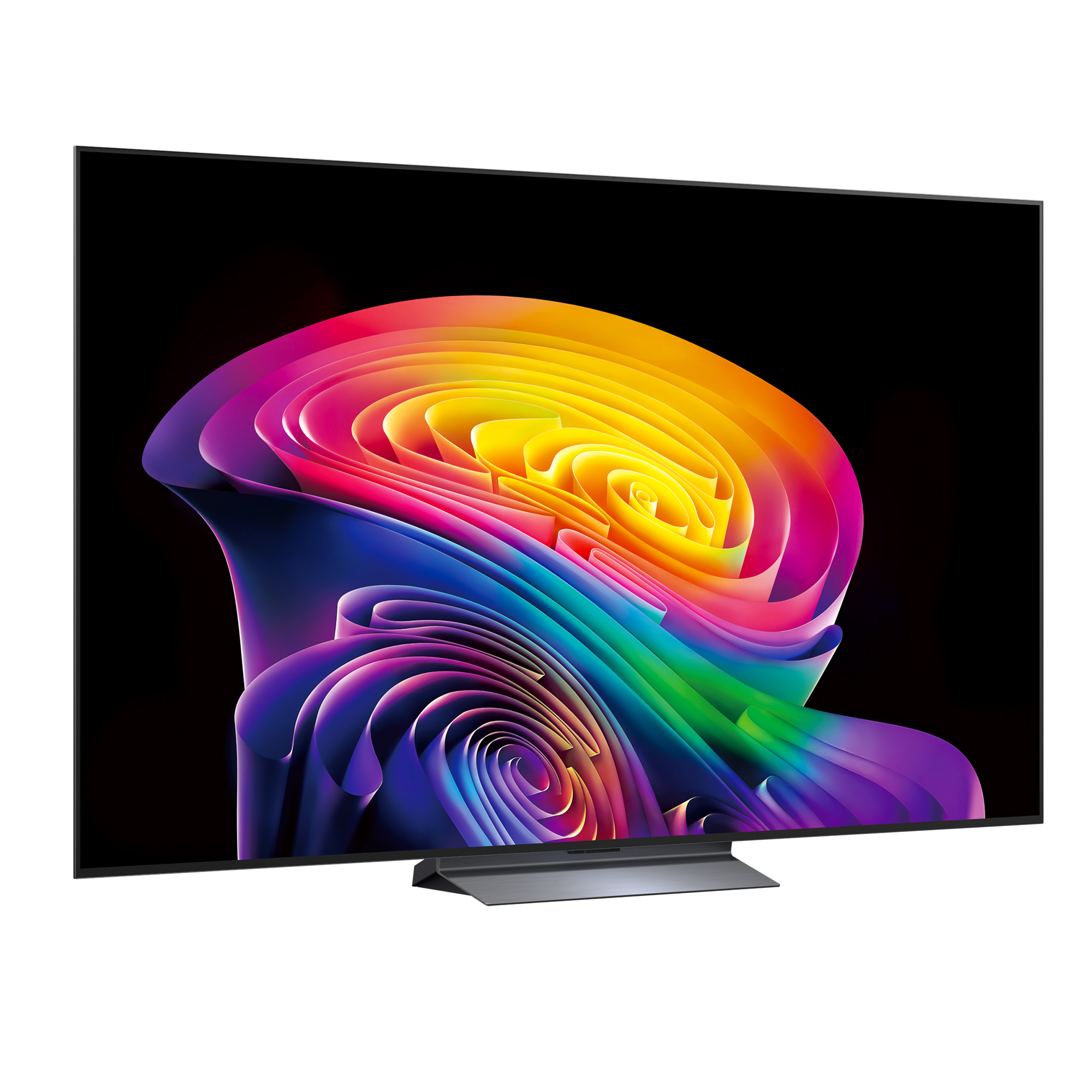 Un televisor negro moderno con un patrón abstracto de remolino de colores en la pantalla.