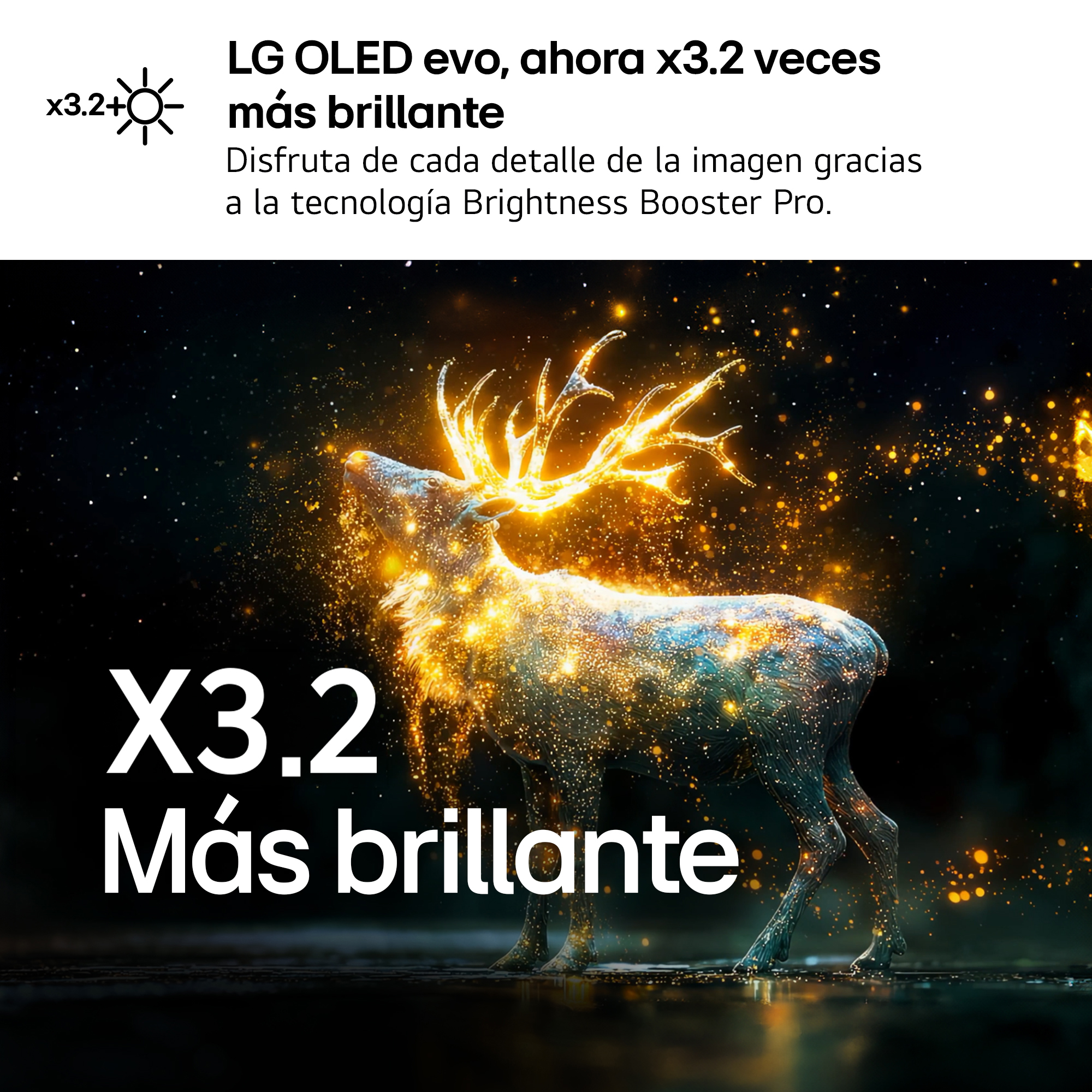 Un ciervo brillante hecho de partículas doradas se alza sobre un fondo oscuro y estrellado.