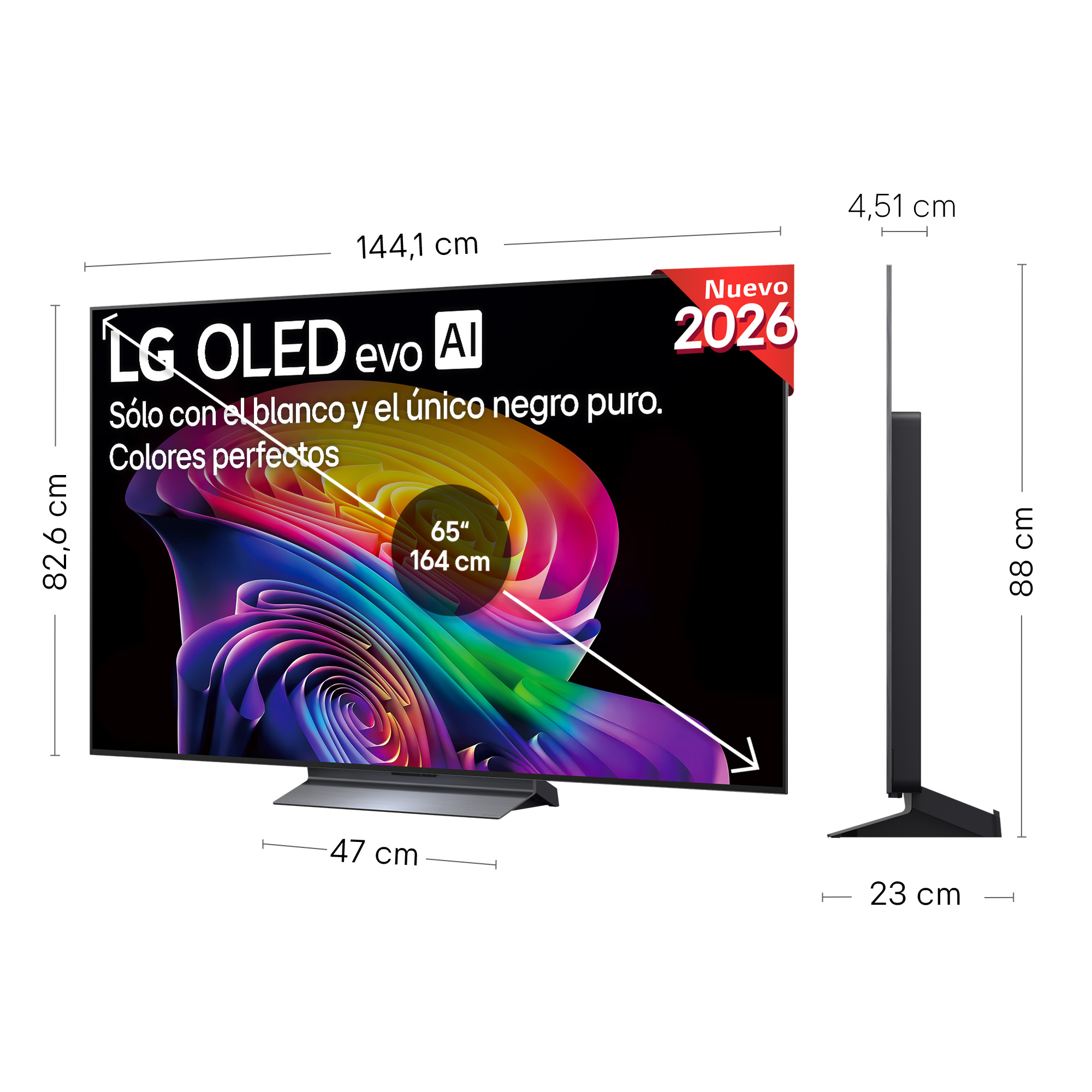 Un televisor LG OLED evo AI de 65 pulgadas, 144,1 cm de ancho y 82,6 cm de alto.