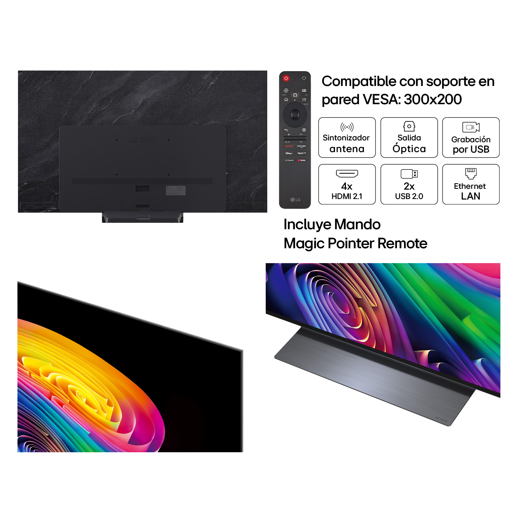 TV LG OLED con Magic Remote, soporte VESA, puertos y pantalla colorida.