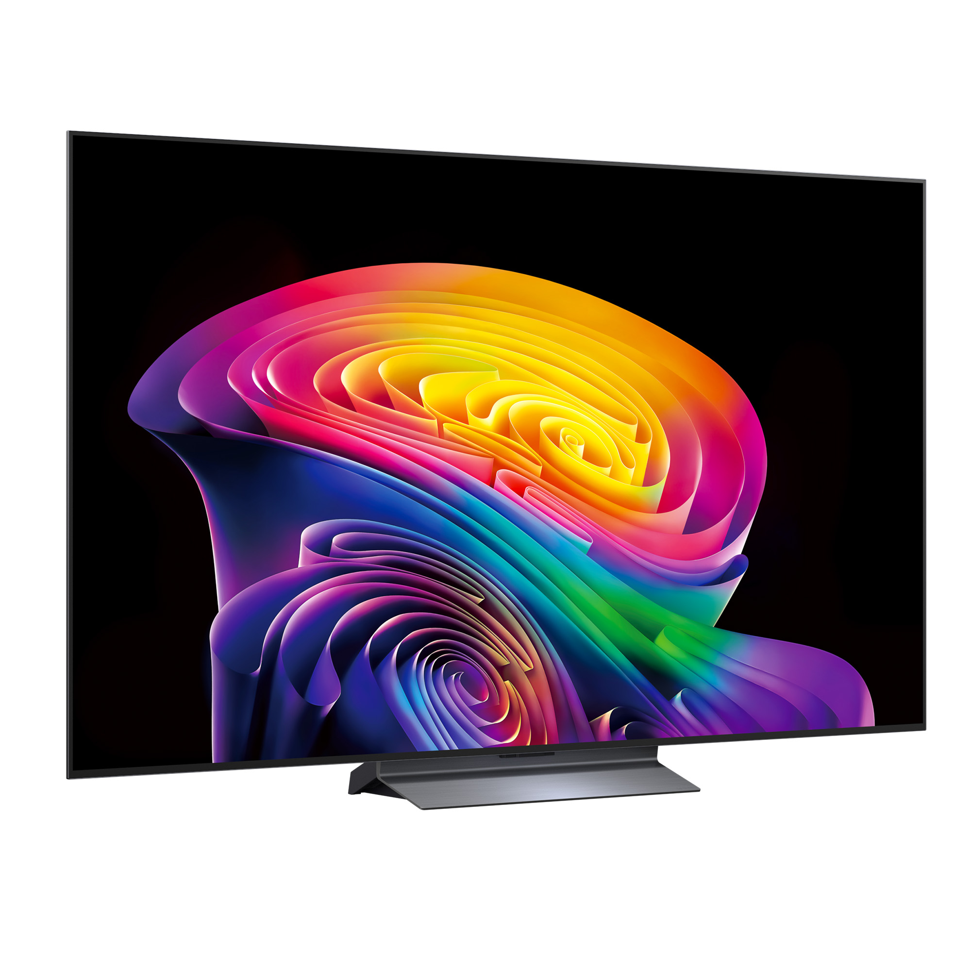 Un televisor moderno que muestra un patrón colorido y arremolinado en su pantalla.