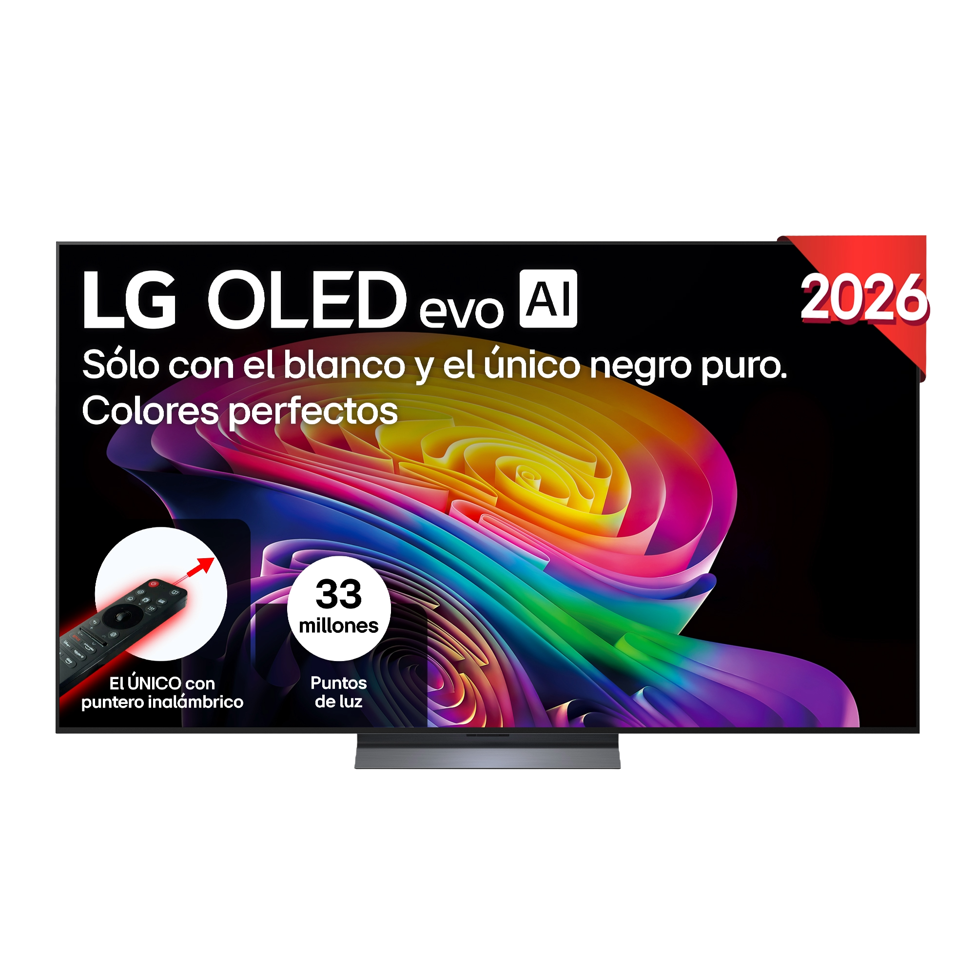 TV LG OLED evo AI con mando, 33 millones de píxeles y logo 2026.