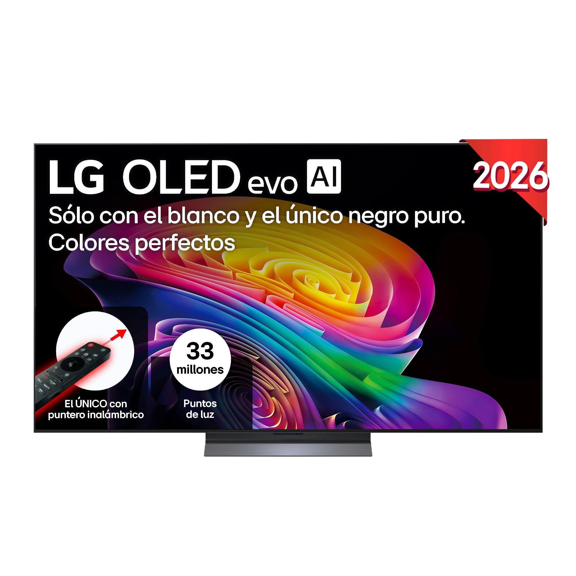 TV LG OLED evo AI con mando y animación colorida en pantalla. 2026.