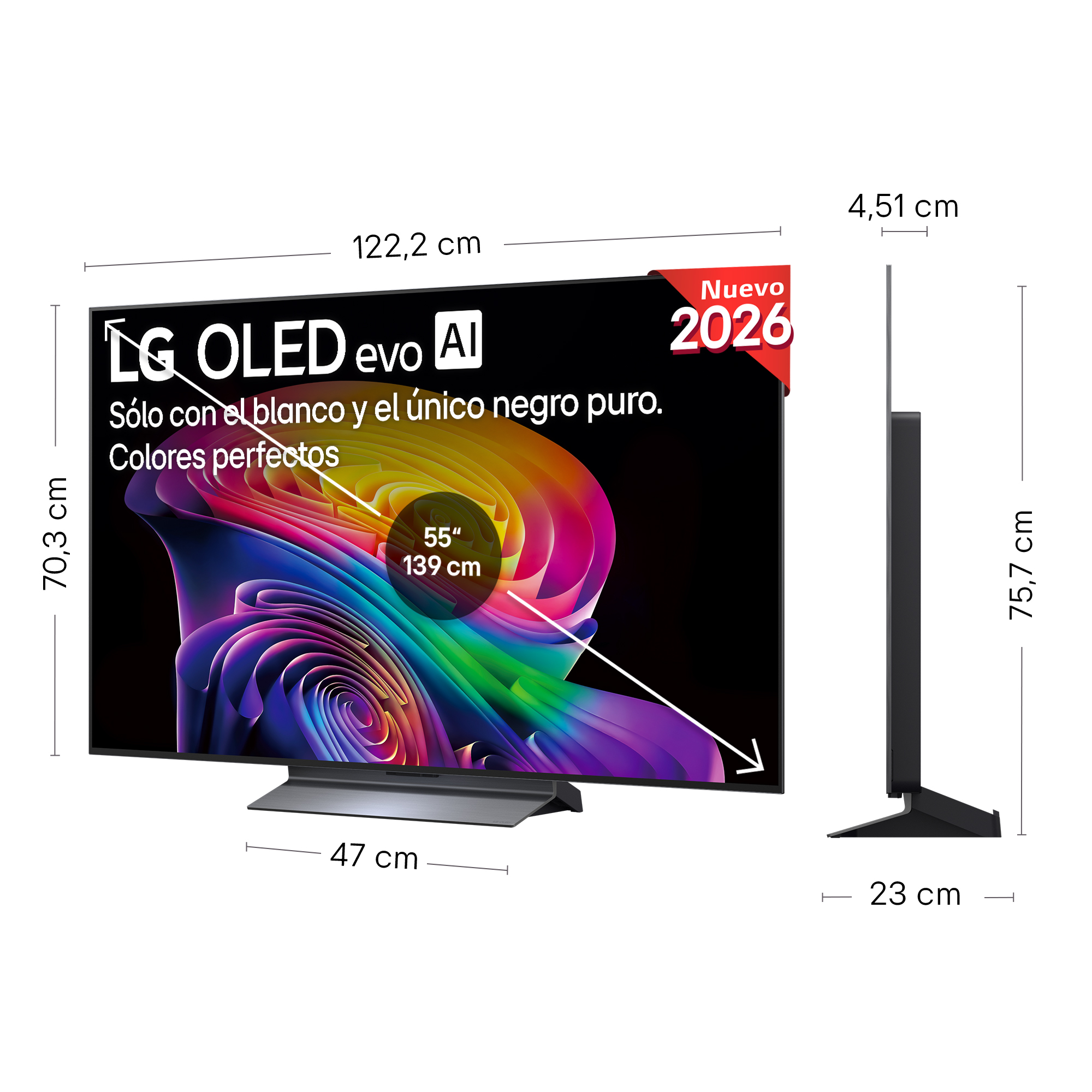 TV LG OLED evo con insignia 2026. Dimensiones: 122,2cm An, 70,3cm Al, 47cm base.