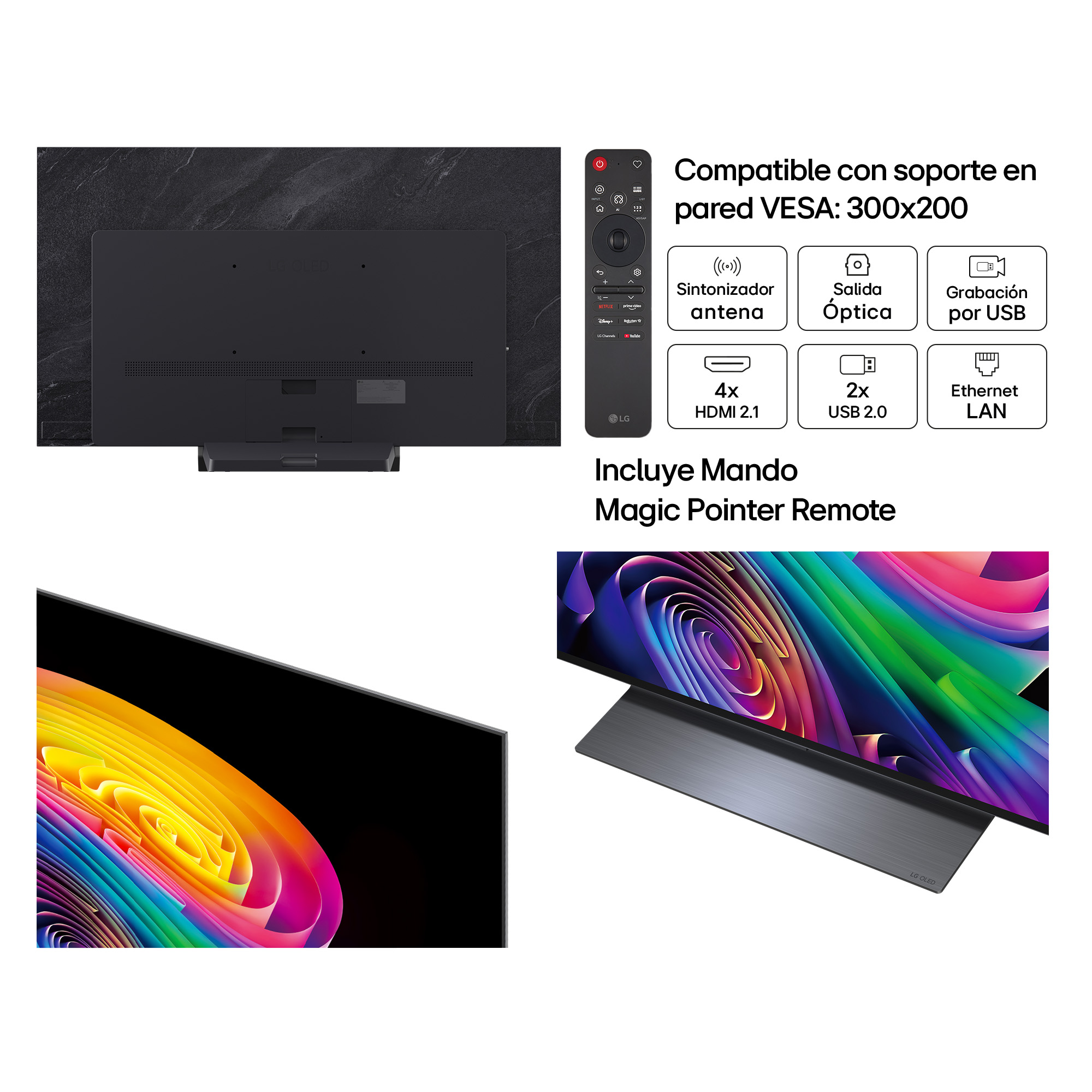 Parte trasera de TV LG OLED con mando y detalles de conexión.