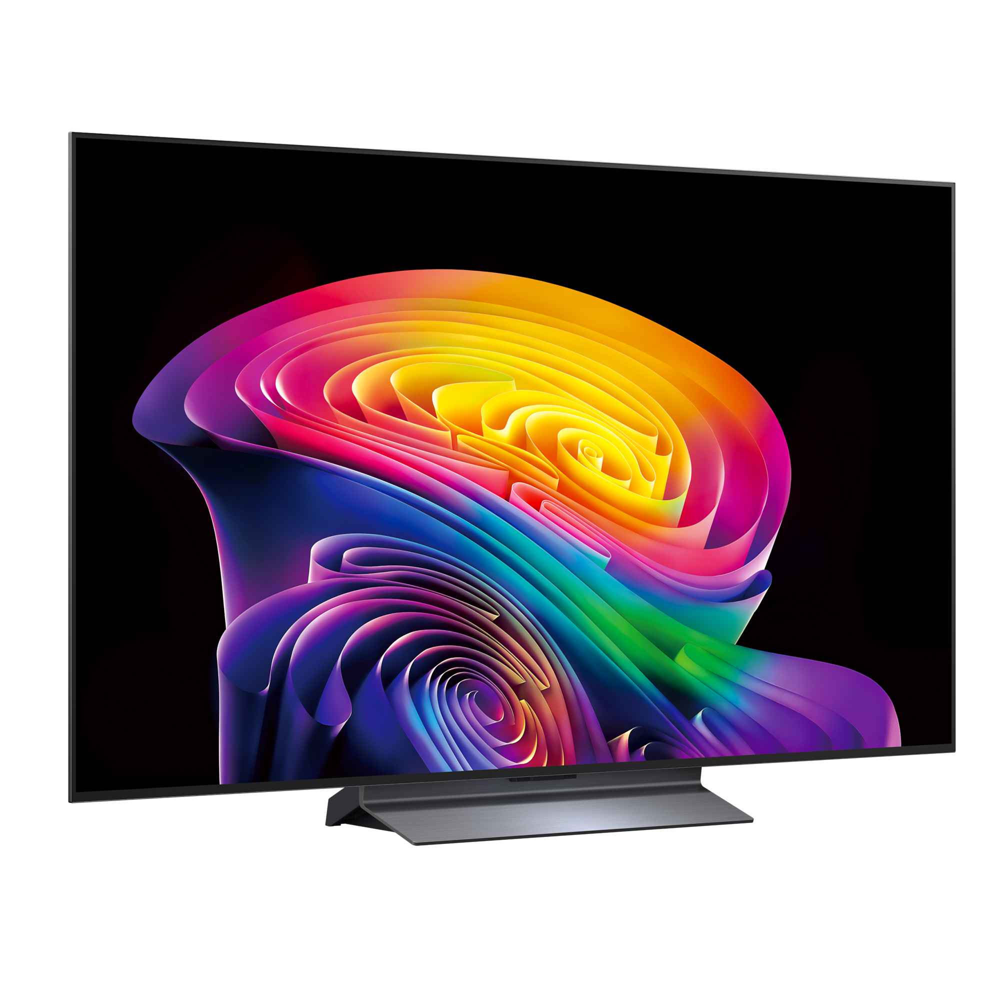 Un televisor moderno con un fondo de pantalla abstracto y colorido.