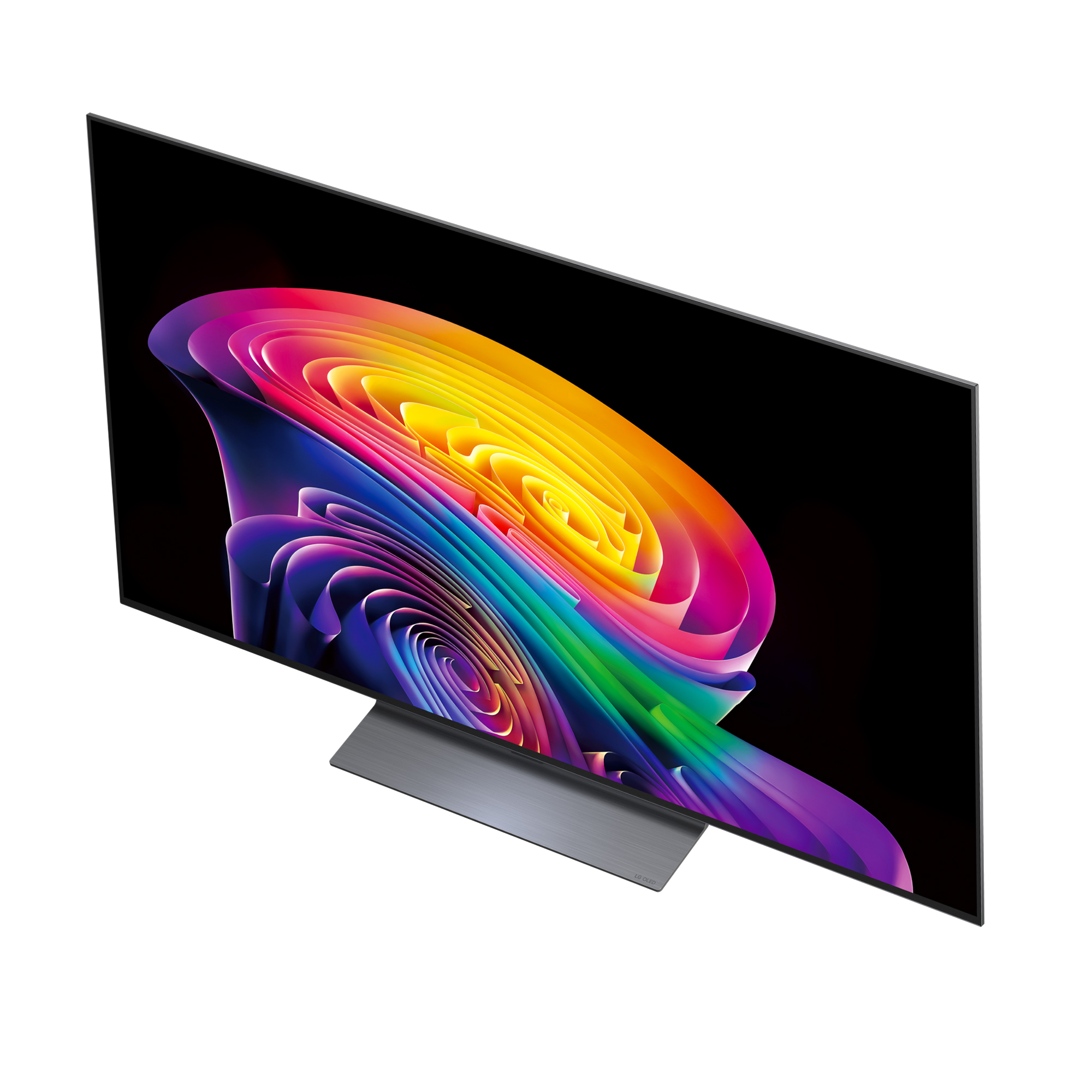 Un televisor moderno que muestra una imagen abstracta y colorida en su pantalla.