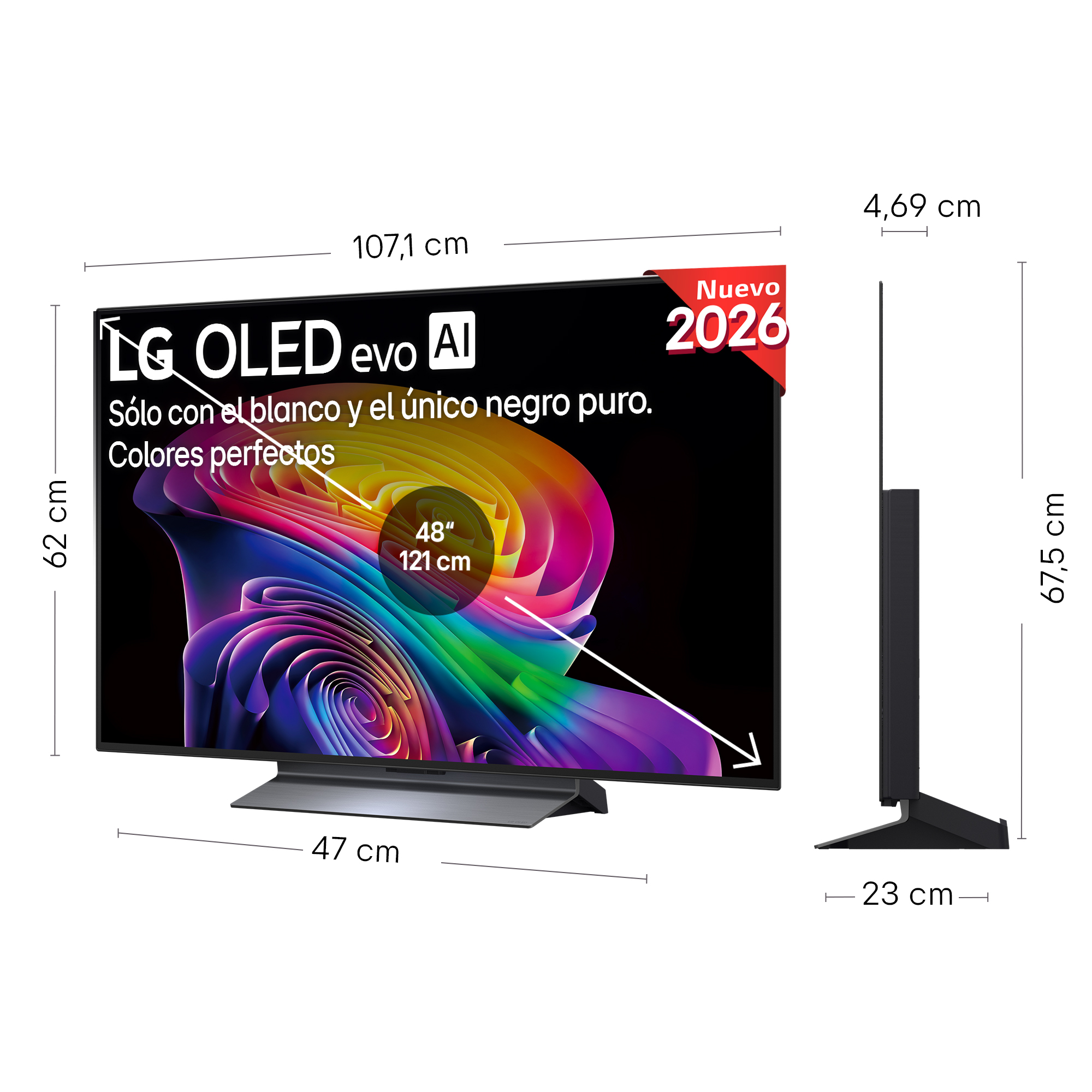 TV LG OLED evo, 107,1 cm ancho, 62 cm alto, 47 cm fondo con base.
