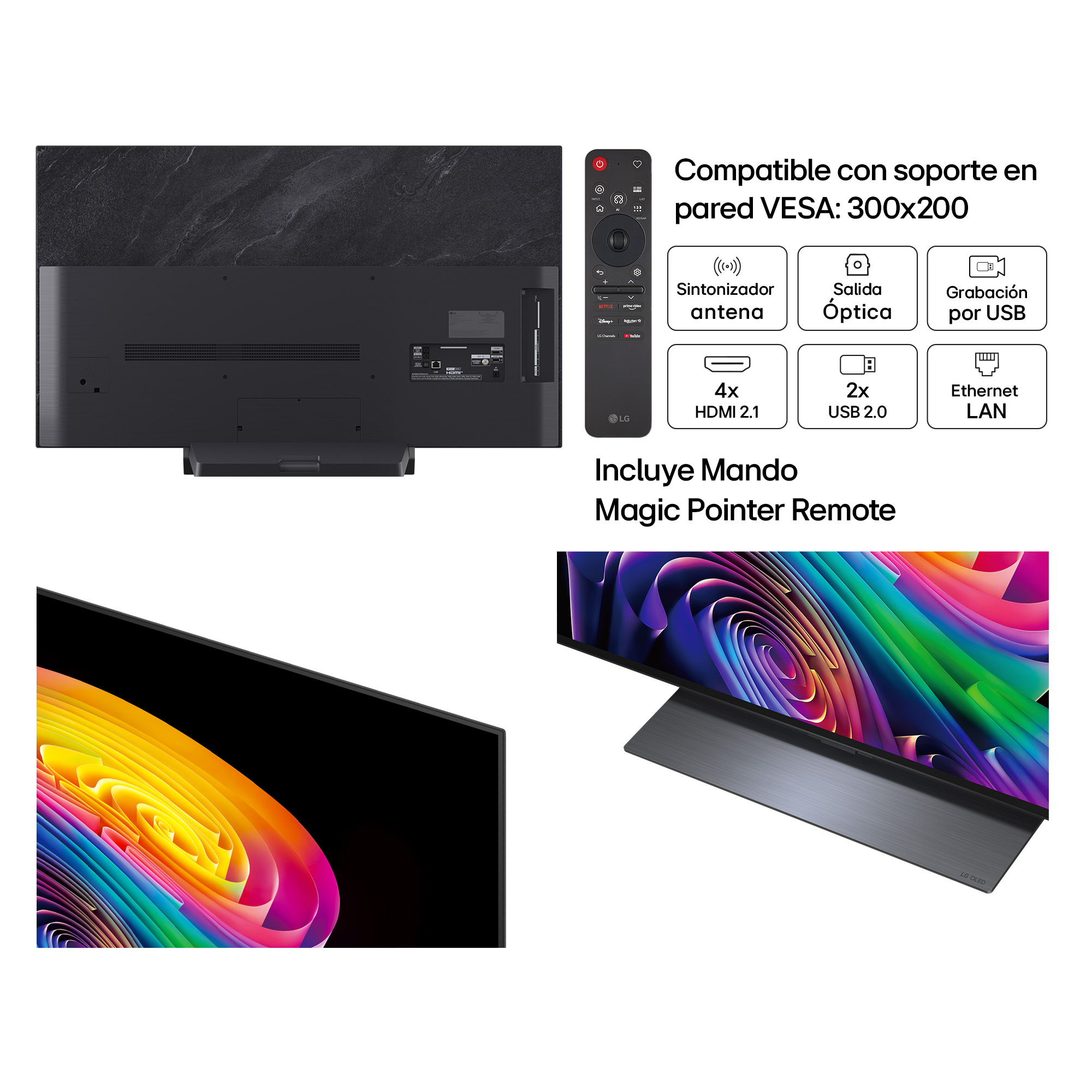 Panel trasero LG OLED TV con puertos, mando y iconos de conectividad.