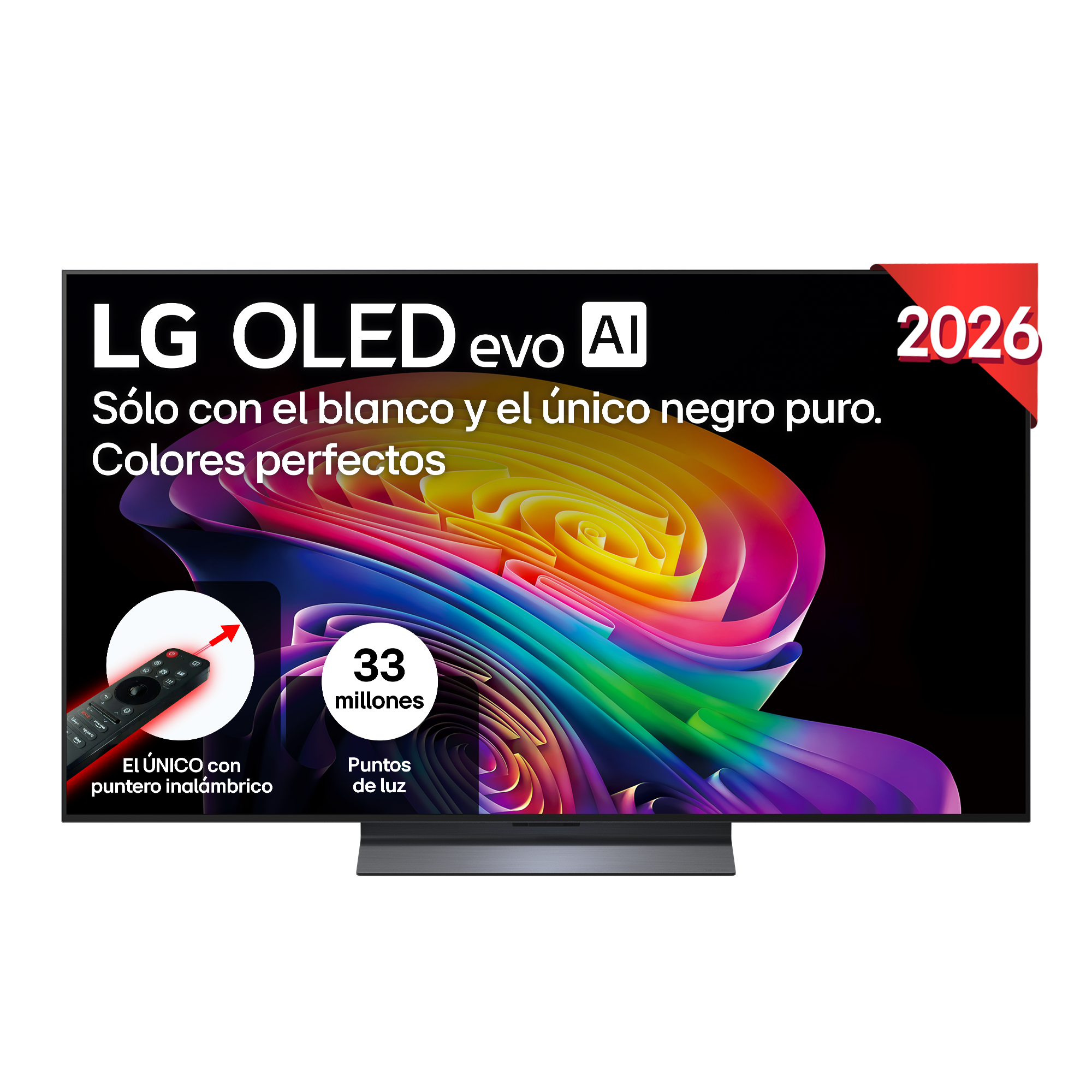 Un televisor LG OLED evo AI muestra remolinos vibrantes, un mando y 33 millones de píxeles.