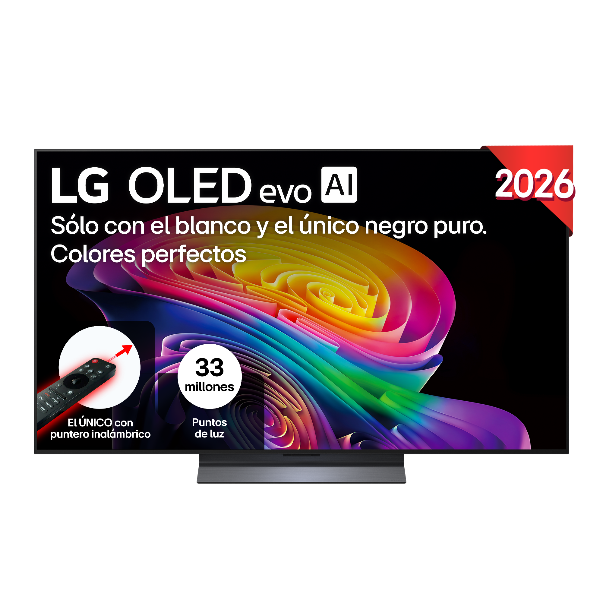 TV LG OLED evo AI con fondo colorido y mando a distancia.