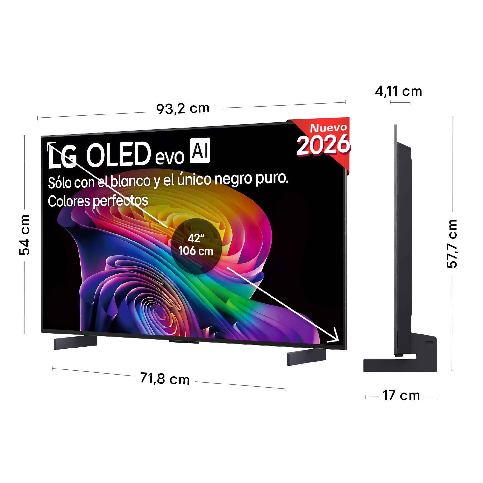 TV LG OLED evo, 42 pulgadas, con pantalla colorida y dimensiones.