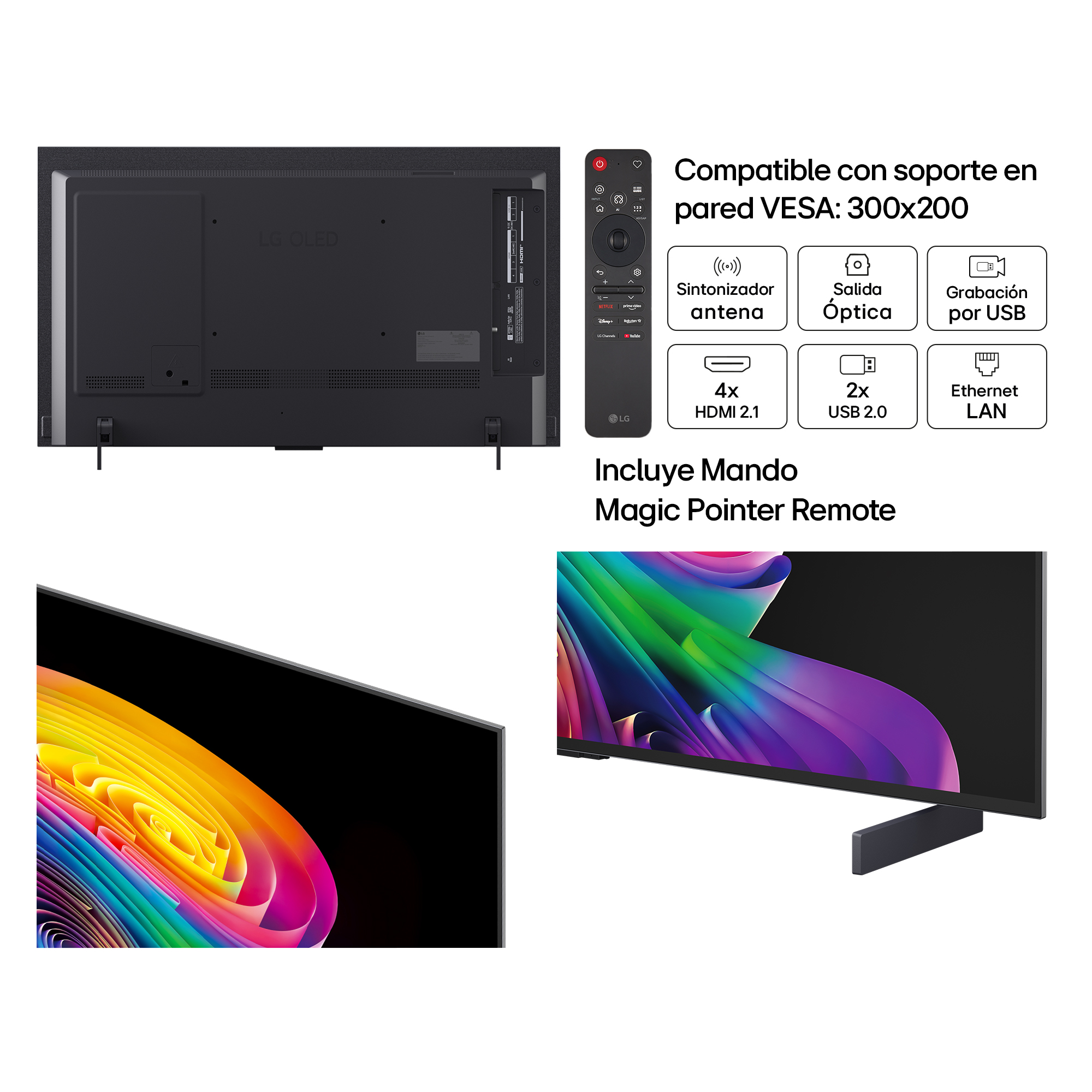 Parte posterior TV LG OLED, mando y pantalla con arte abstracto. Info VESA.