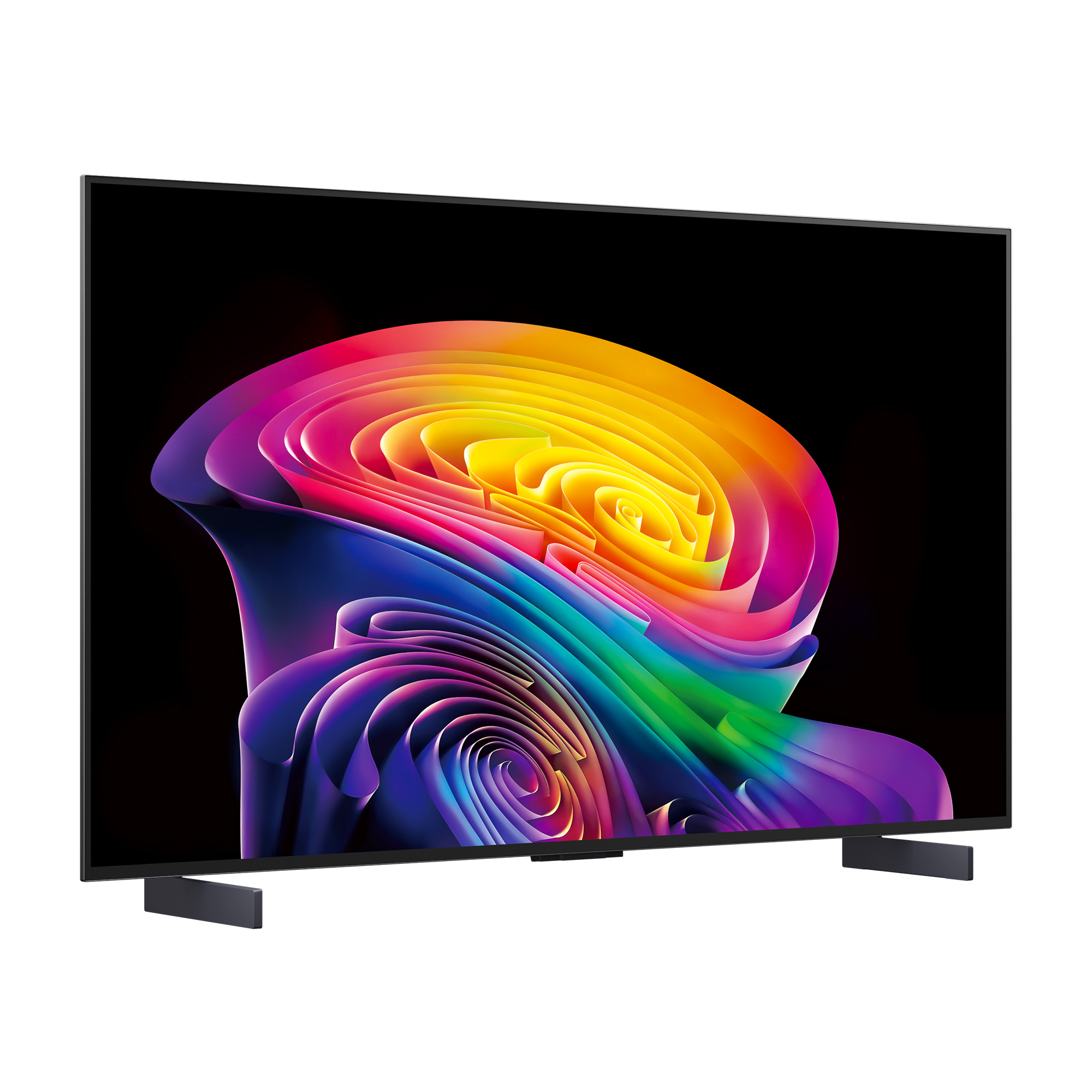 Un televisor moderno que muestra un patrón abstracto y colorido en su pantalla.